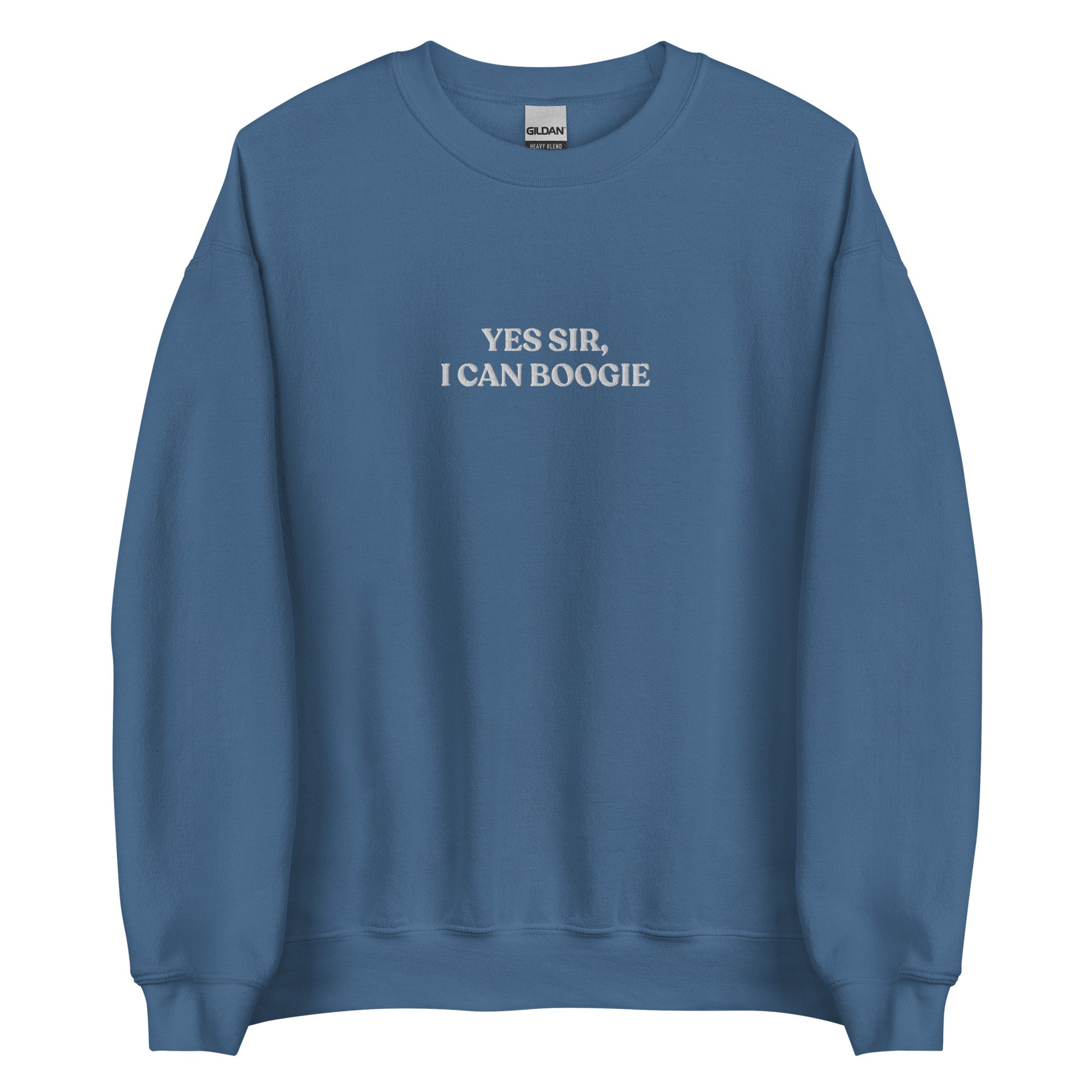 Indigo Blue Yes Sir, I Can Boogie Sweatshirt from Nina's Funky Shop by ninanush - Love to boogie? Looking for a funny gift for a dancer or a disco lover? Our Yes Sir, I Can Boogie Sweatshirt is soft, comfortable and just what you need. It's a unisex Crewneck sweatshirt that comes in a variety of colors with "Yes Sir, I Can Boogie", expertly embroidered in the front center. A funny disco lover sweatshirt or quirky streetwear for everyday.