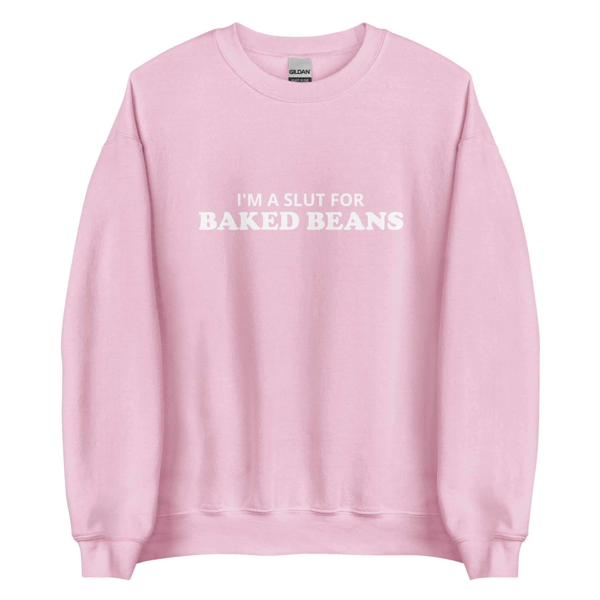 Light Pink I'm A Slut For Baked Beans Sweatshirt from Nina's Funky Shop by Ninanush - Do you love baked beans? Looking for a funny foodie gift? Our Slut For Baked Beans Crew Neck Sweatshirt is soft, comfortable and just what you need. It's a unisex foodie sweatshirt that comes in a variety of colors with "I'm A Slut For Baked Beans", expertly printed on the front. This baked beans enthusiast sweatshirt was designed by Nina and made just for you.