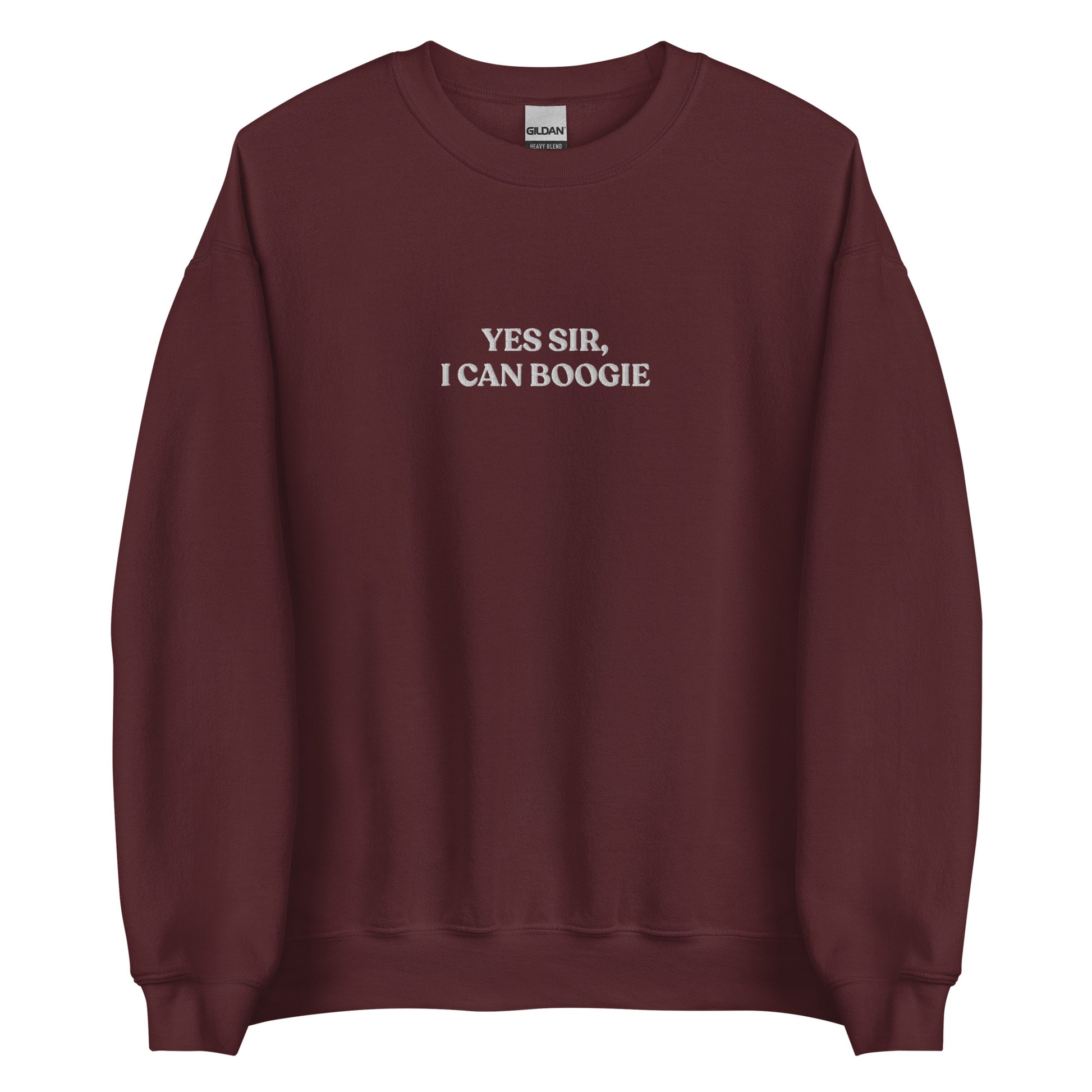 Maroon Yes Sir, I Can Boogie Sweatshirt from Nina's Funky Shop by ninanush - Love to boogie? Looking for a funny gift for a dancer or a disco lover? Our Yes Sir, I Can Boogie Sweatshirt is soft, comfortable and just what you need. It's a unisex Crewneck sweatshirt that comes in a variety of colors with "Yes Sir, I Can Boogie", expertly embroidered in the front center. A funny disco lover sweatshirt or quirky streetwear for everyday.