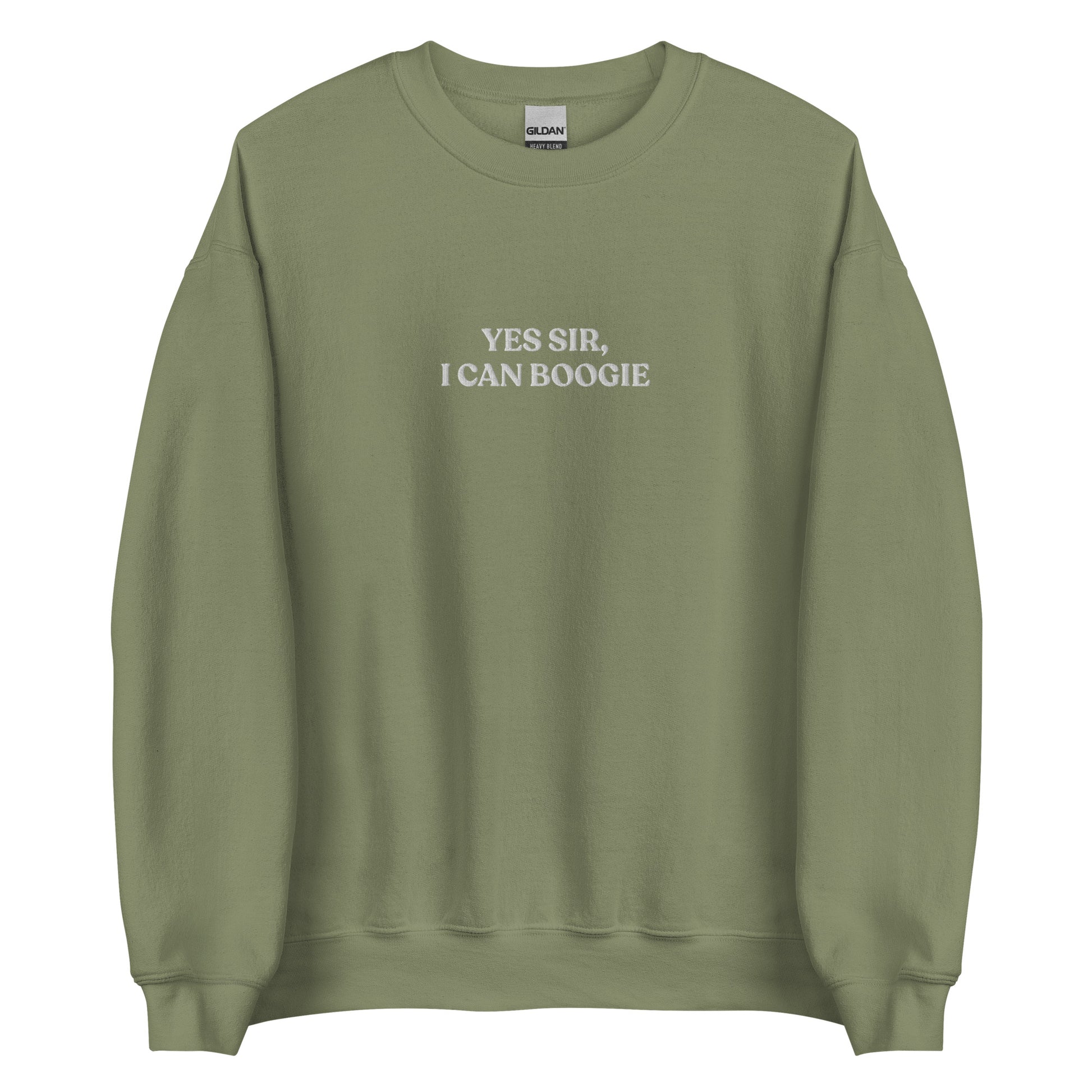 Army Green Yes Sir, I Can Boogie Sweatshirt from Nina's Funky Shop by ninanush - Love to boogie? Looking for a funny gift for a dancer or a disco lover? Our Yes Sir, I Can Boogie Sweatshirt is soft, comfortable and just what you need. It's a unisex Crewneck sweatshirt that comes in a variety of colors with "Yes Sir, I Can Boogie", expertly embroidered in the front center. A funny disco lover sweatshirt or quirky streetwear for everyday.