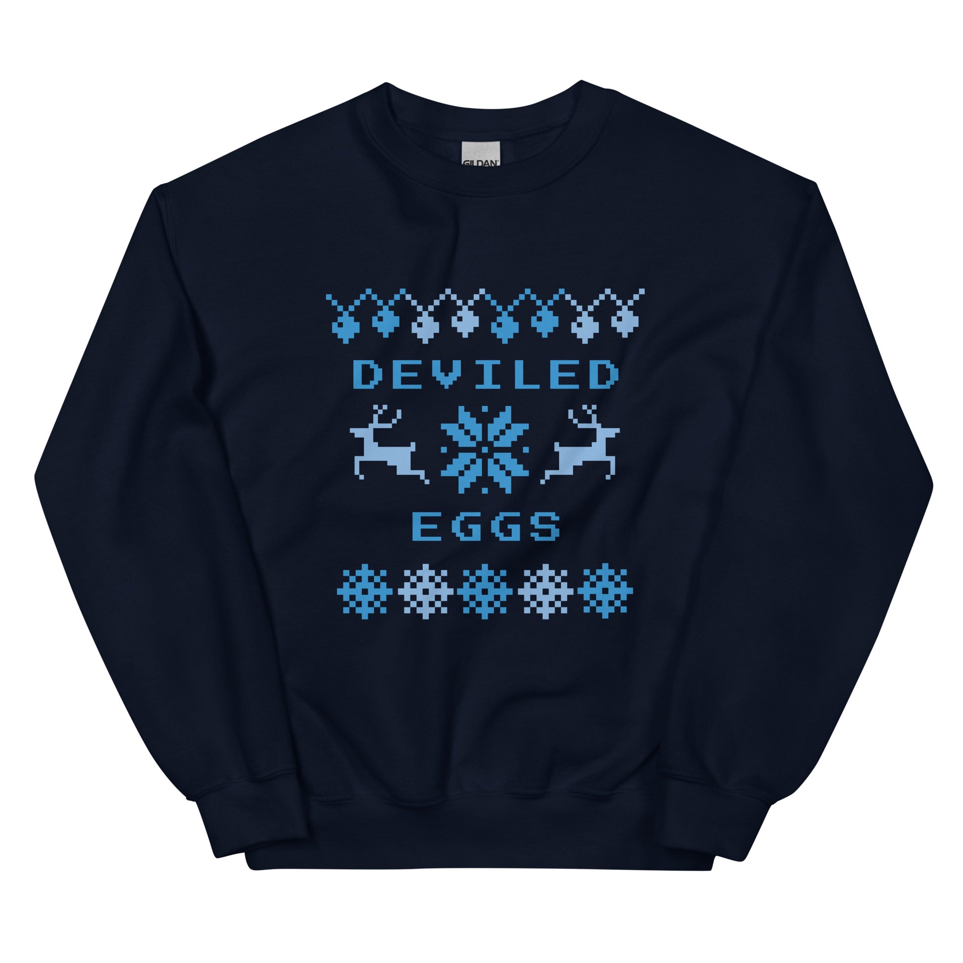 Navy Deviled Eggs Christmas Sweatshirt from Nina's Funky Shop by ninanush - Do you love deviled eggs? Looking for a funny Christmas sweatshirt? Our Slut Deviled Eggs Christmas Crew Neck Sweatshirt is soft, comfortable and just what you need. It's a unisex holiday sweatshirt with "Deviled Eggs" and a Christmas pattern. A funny Christmas sweatshirt for a holiday party or a cozy night in.