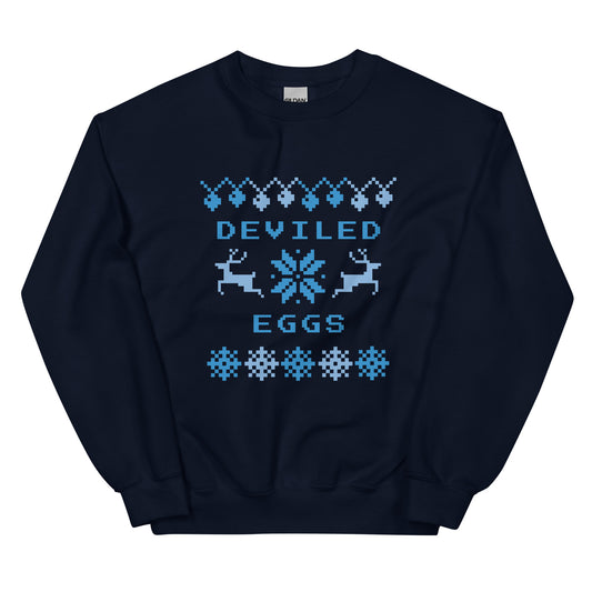 Navy Deviled Eggs Christmas Sweatshirt from Nina's Funky Shop by ninanush - Do you love deviled eggs? Looking for a funny Christmas sweatshirt? Our Slut Deviled Eggs Christmas Crew Neck Sweatshirt is soft, comfortable and just what you need. It's a unisex holiday sweatshirt with "Deviled Eggs" and a Christmas pattern. A funny Christmas sweatshirt for a holiday party or a cozy night in.