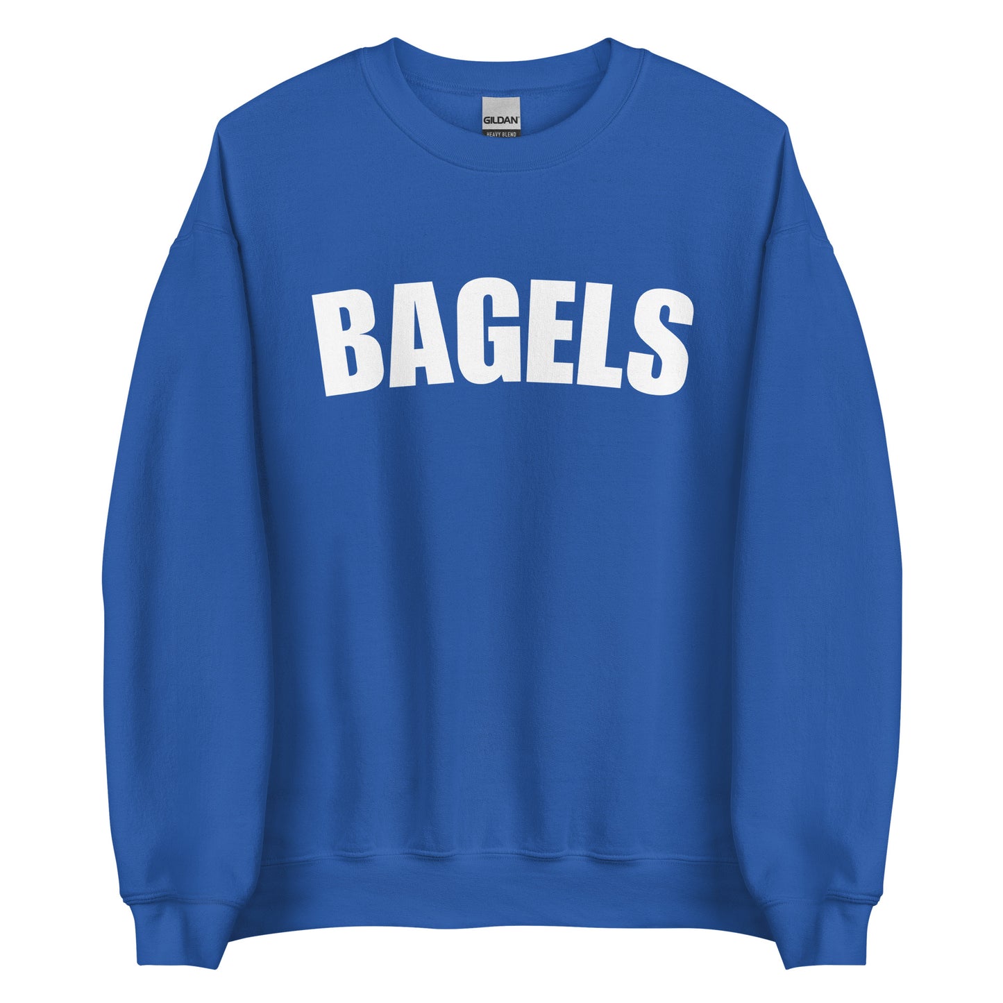 Royal blue college style bagels sweatshirt from Nina's Funky Shop by ninanush - Our Bagels Sweatshirt is soft, comfortable and a perfect foodie sweatshirt for bagel lovers. It's a unisex, classic crew neck sweatshirt that comes in a variety of colors with the word "Bagel", expertly printed on the front. Perfect for cozy nights in or stand out streetwear for foodies, this sweatshirt is designed by Nina and made just for you.