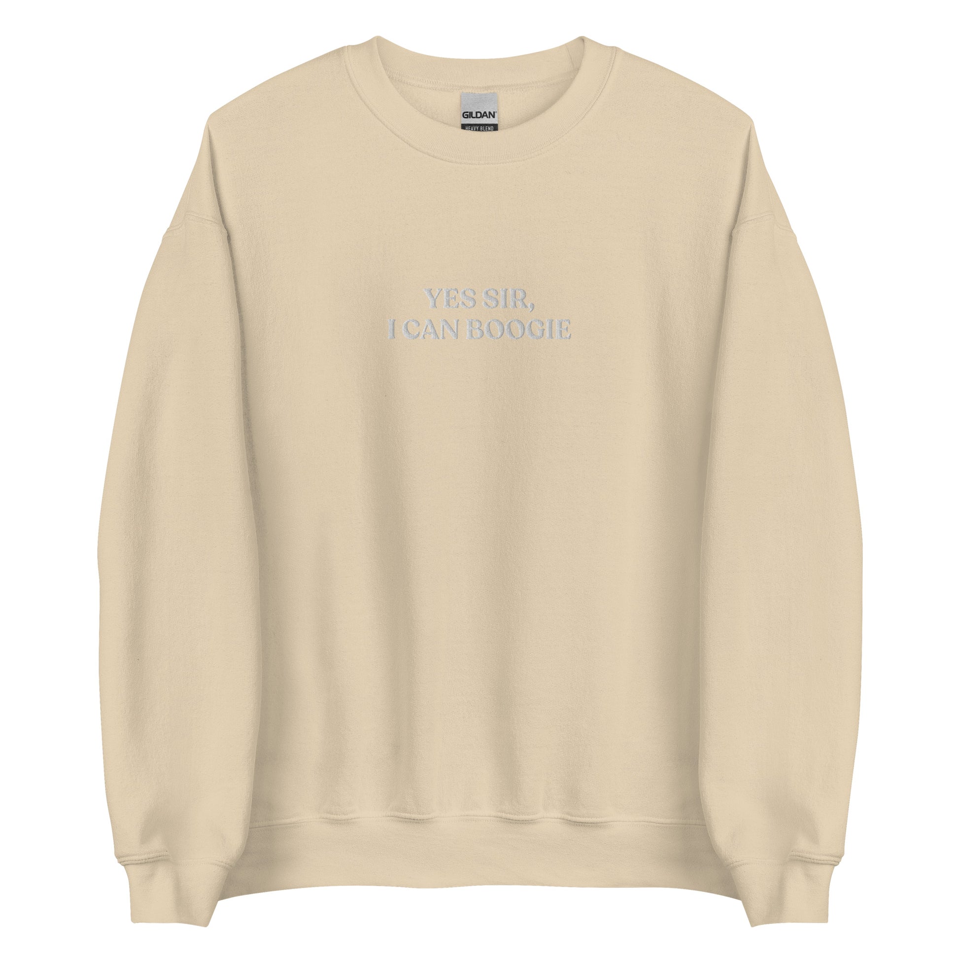Beige Yes Sir, I Can Boogie Sweatshirt from Nina's Funky Shop by ninanush - Love to boogie? Looking for a funny gift for a dancer or a disco lover? Our Yes Sir, I Can Boogie Sweatshirt is soft, comfortable and just what you need. It's a unisex Crewneck sweatshirt that comes in a variety of colors with "Yes Sir, I Can Boogie", expertly embroidered in the front center. A funny disco lover sweatshirt or quirky streetwear for everyday.