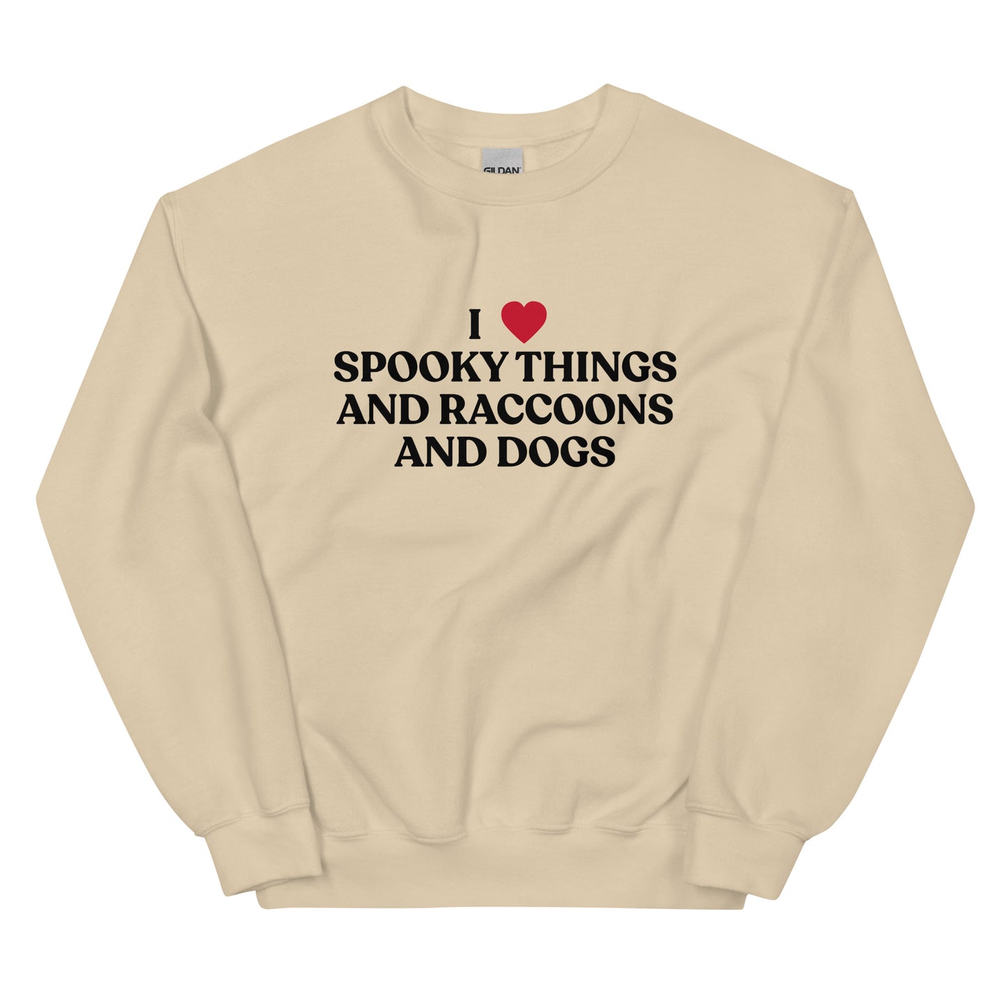Beige Halloween Sweatshirt - Our I Heart Spooky Things Raccoons and Dogs Sweatshirt is super soft and cozy. It comes in a variety of colors with a funny spooky season saying, expertly printed on the front. Make a statement in this funny Halloween crewneck sweatshirt.