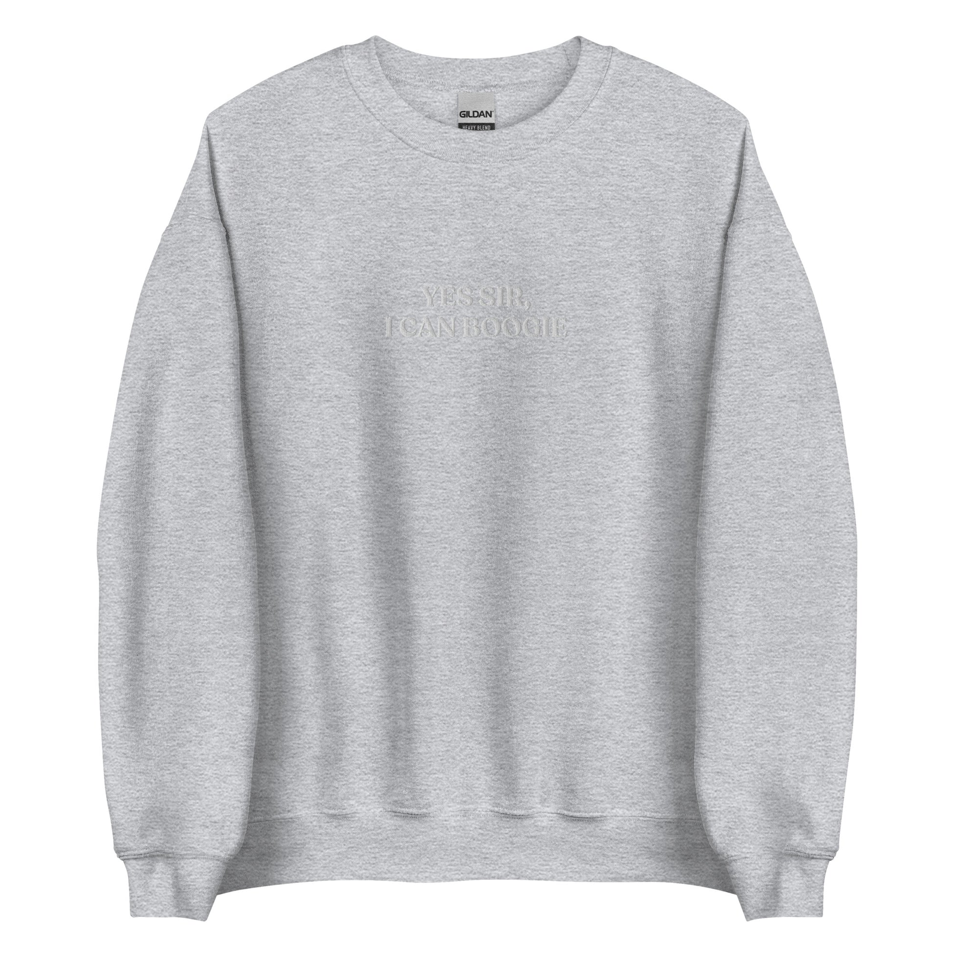 Light Gray Yes Sir, I Can Boogie Sweatshirt from Nina's Funky Shop by ninanush - Love to boogie? Looking for a funny gift for a dancer or a disco lover? Our Yes Sir, I Can Boogie Sweatshirt is soft, comfortable and just what you need. It's a unisex Crewneck sweatshirt that comes in a variety of colors with "Yes Sir, I Can Boogie", expertly embroidered in the front center. A funny disco lover sweatshirt or quirky streetwear for everyday.