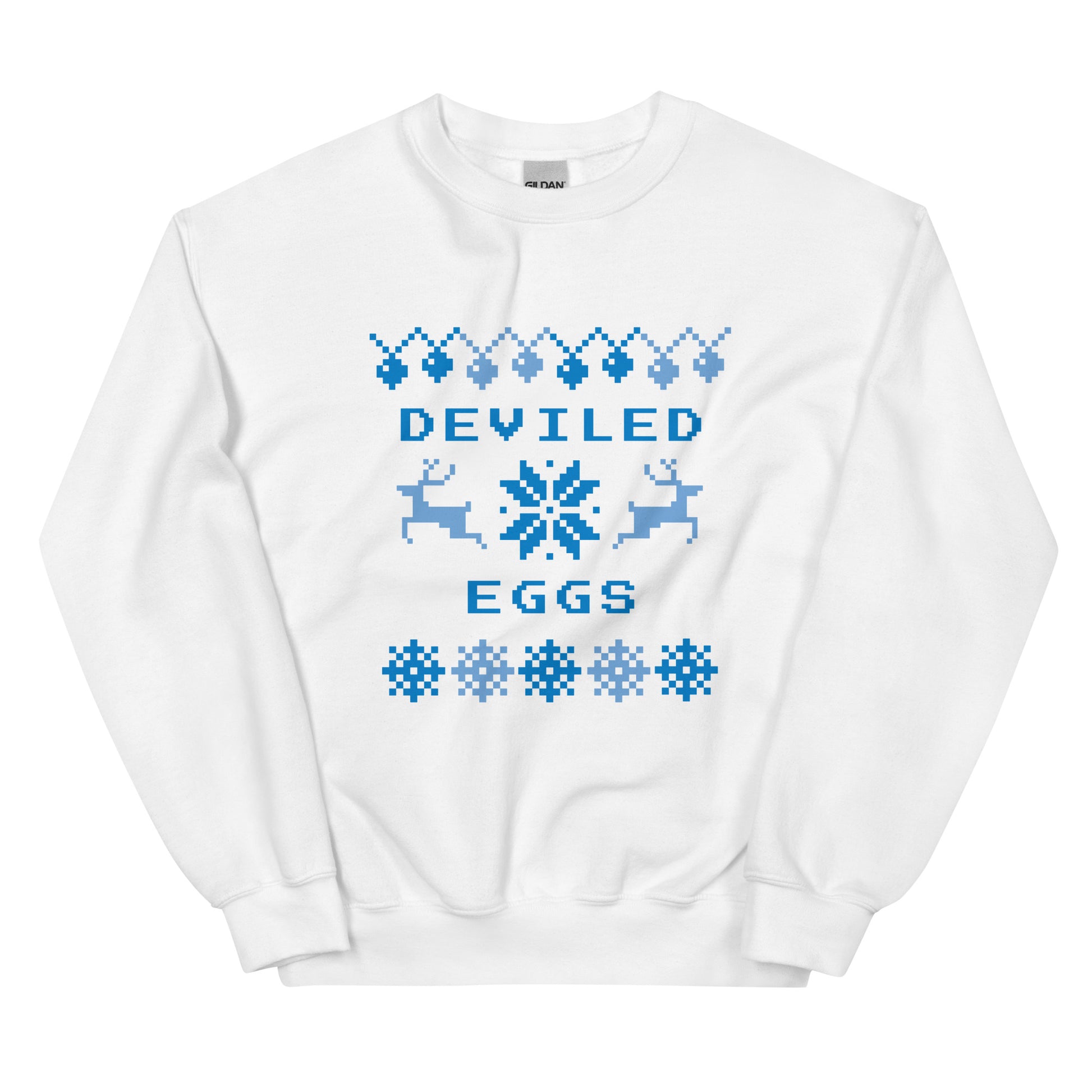 White Deviled Eggs Christmas Sweatshirt from Nina's Funky Shop by ninanush - Do you love deviled eggs? Looking for a funny Christmas sweatshirt? Our Slut Deviled Eggs Christmas Crew Neck Sweatshirt is soft, comfortable and just what you need. It's a unisex holiday sweatshirt with "Deviled Eggs" and a Christmas pattern. A funny Christmas sweatshirt for a holiday party or a cozy night in.