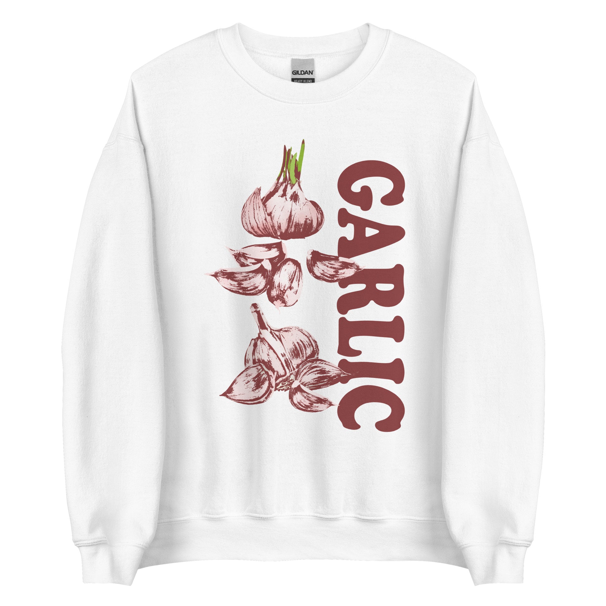 White Garlic Sweatshirt from Nina's Funky Shop by ninanush - Love garlic? Looking for a funky gift for garlic lovers? Our Garlic Crewneck Sweatshirt is soft, comfortable and just what you need. It's a unisex sweatshirt with a unique, hand drawn garlic design expertly printed on the front. A funny foodie sweatshirt for cozy nights in or stand out streetwear for garlic enthusiasts.