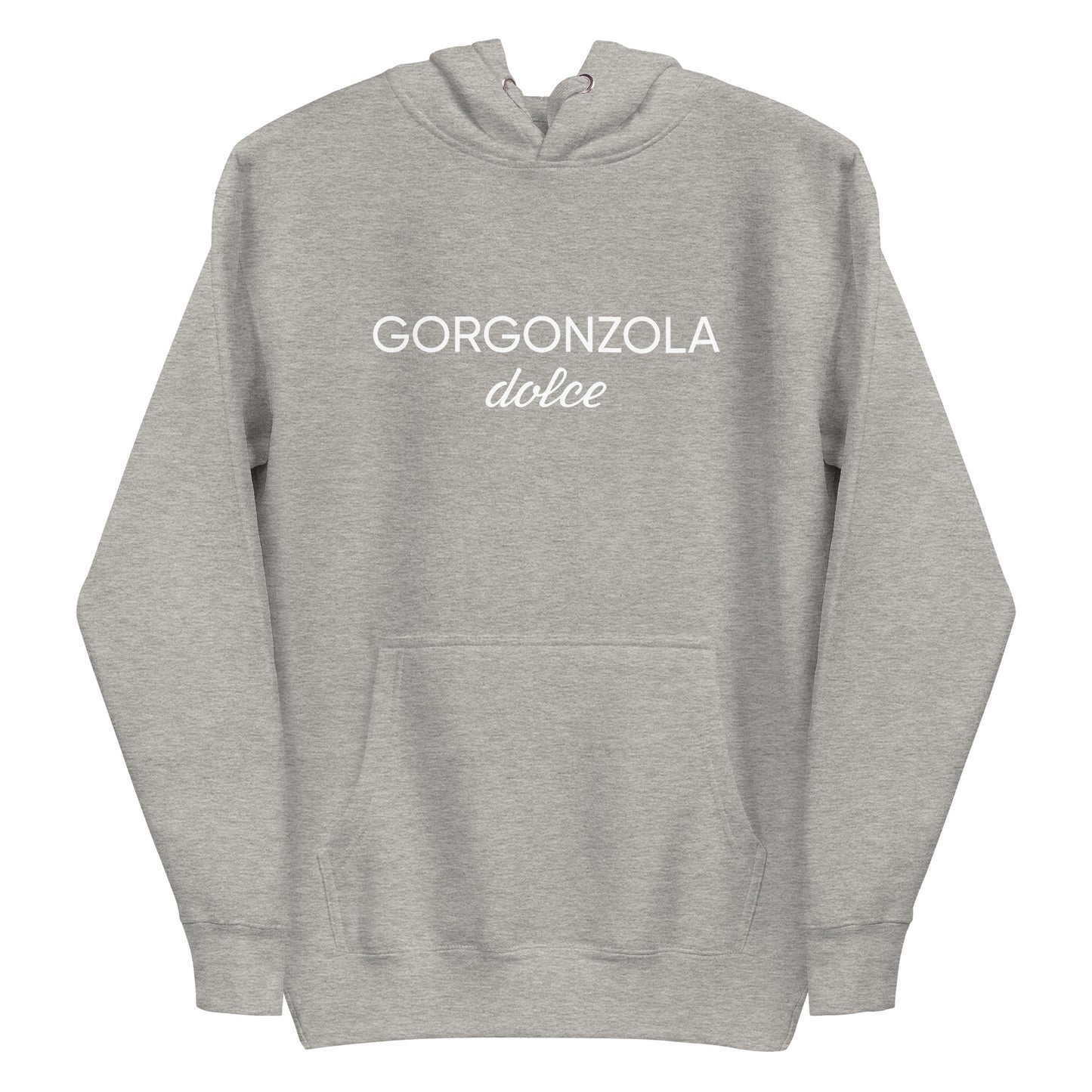 Light Gray Gorgonzola Dolce Hoodie from Nina's Funky Shop by ninanush - Love Gorgonzola? Looking for a funny Foodie Gift? Our Gorgonzola Dolce Hoodie is soft, comfortable and just what you need. It's a unisex hoodie that comes in a variety of colors with "Gorgonzola Dolce" on the front. A funny foodie hoodie for cozy nights in or funky stand out streetwear for Gorgonzola aficionados.