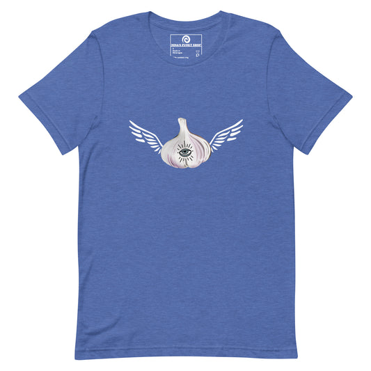 Blue Garlic T-shirt - Do you love garlic? Looking for a gift for your favorite garlic enthusiast? This Angel Garlic T-shirt is just what you need! It's a soft and comfortable tee with a funky hand drawn garlic design, expertly printed on the front. Celebrate your favorite foods in our funky foodie clothing, designed by Nina and made just for you.