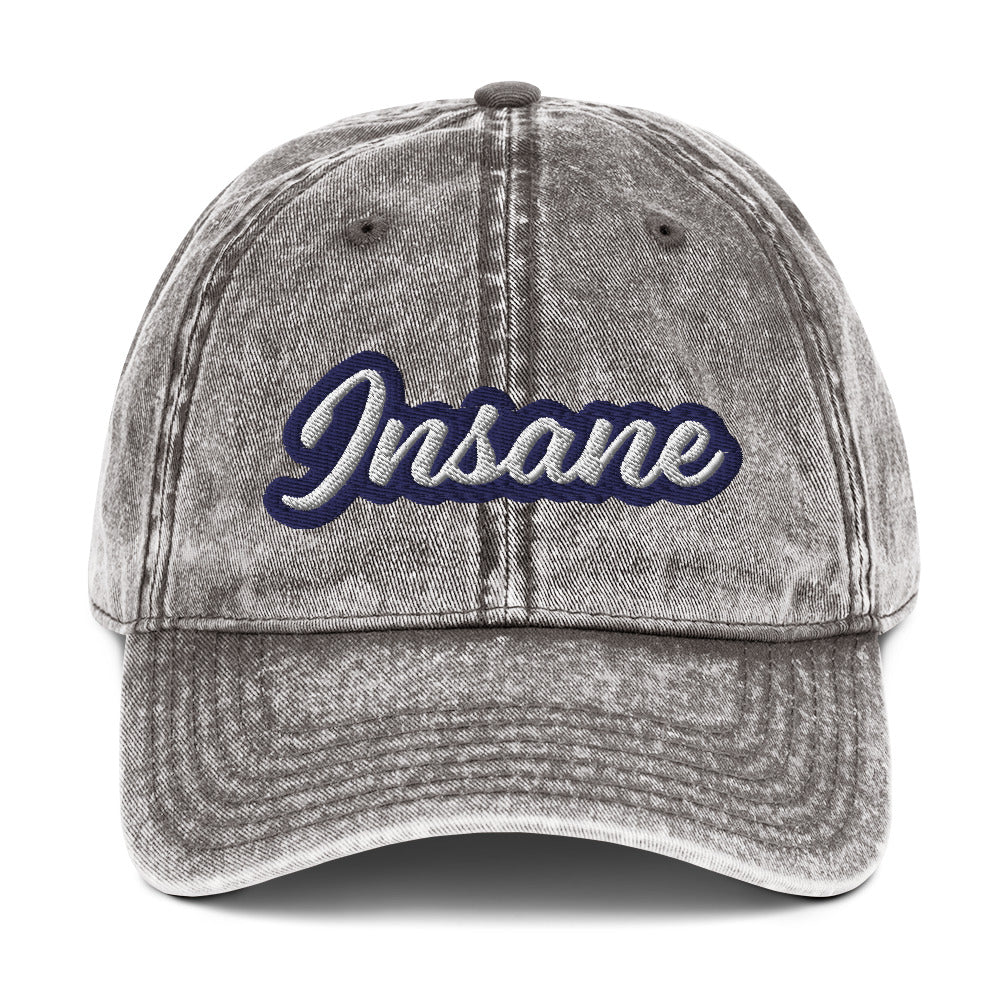 Gray insane dad hat - This insane dad hat is comfortable, adjustable and is a funny unisex embroidered hat made just for you. It's a unique vintage-style dad hat with a funny embroidery that stands out and comes in a variety of faded trendy colors. Wear this insane hat as everyday wear or give it as a funny gift for a wild friend.