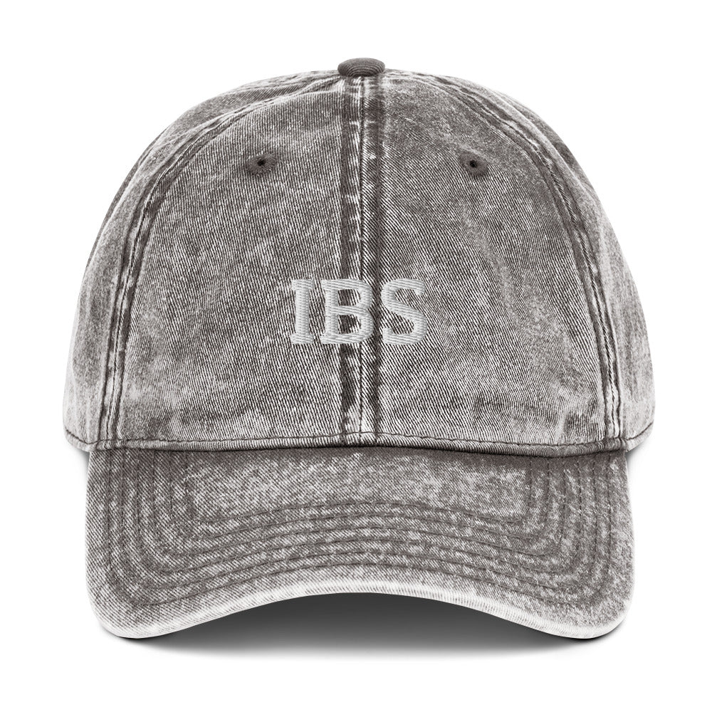 Gray  IBS dad hat from Nina's Funky Shop by ninanush - Share your gastrointestinal condition with the world in our IBS hat. Its a funny hat that has a stylish washed out material and "IBS" on the front. It's the perfect dad hat for foodies with IBS or a funny gift for a friend with IBS. Celebrate your favorite food and drinks in our funky foodie apparel, designed by Nina.