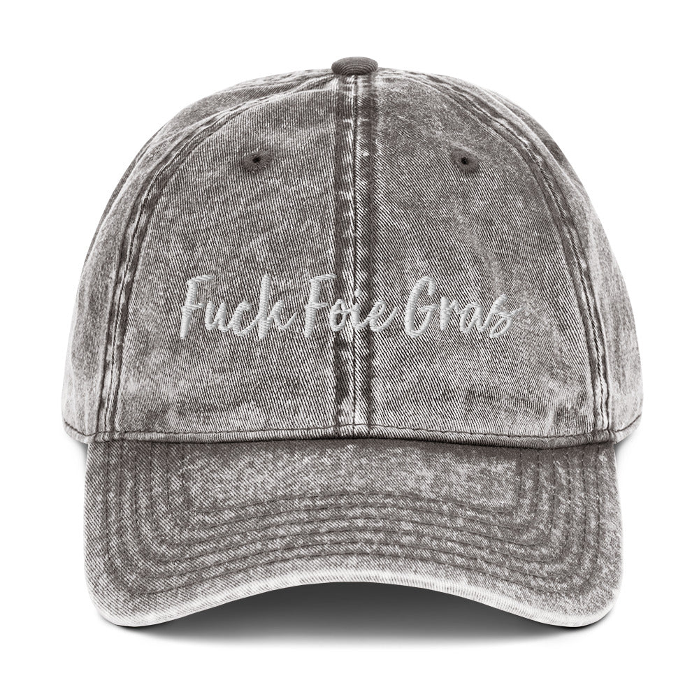 Gray Fuck Foie Gras dad hat from Nina's Funky Shop by ninanush - Fuck Foie Gras! Wear this Fuck Foie Gras Hat and raise awareness for the cruel and inhumane practices behind this luxury food. What is Foie Gras? Foie gras, which translates to "fat liver" in French, is a highly prized delicacy in French cuisine. It consists of the liver of a goose or duck that has been fattened through a process of force-feeding.