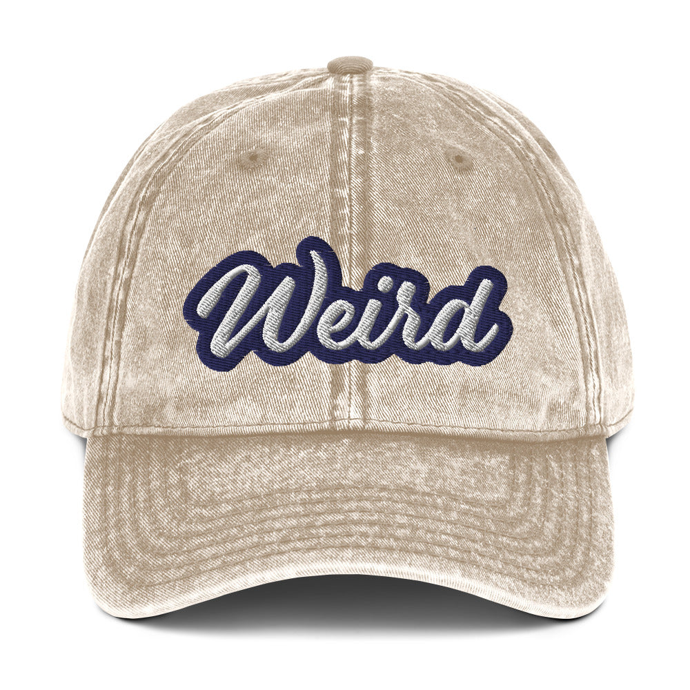 Faded beige weird dad hat - This weird dad hat is comfortable, adjustable and is made just for you. It's a classic unstructured hat with the word "weird" embroidered on the front. This vintage-style dad hat is adjustable and comes in a variety of stylish faded colors. Wear this weird hat as everyday wear or give it as a gift for a weird friend.