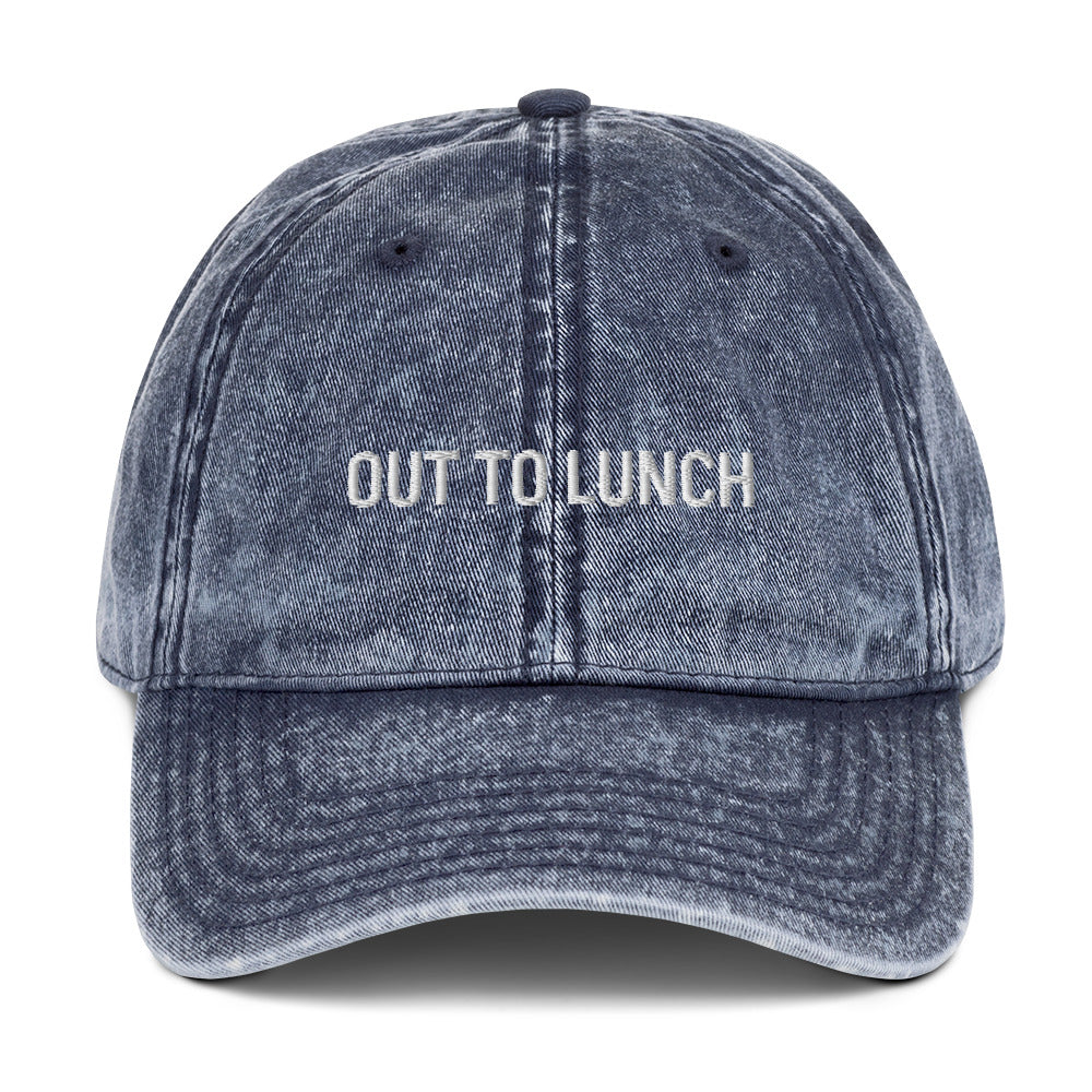 Blue out to lunch dad hat from Nina's Funky Shop by ninanush - Stand out in this vintage style dad hat for foodies, lunch enthusiasts and beyond. It has an adjustable closure and comes in a variety of colors with a the words "out to lunch" expertly embroidered on the front. Eat lunch and live your best life in this comfortable hat, designed by Nina, and made just for you.