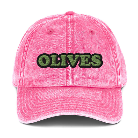 Pink olive dad hat - Eat olives in this olive lover dad hat! It's a funny food hat, designed for olive aficionados and made just for you. This hat has a washed out vintage style with an embroidered foodie design. The perfect statement hat for people who love olives or a gift for olive enthusiasts. Stand out in this unique olive lover hat.