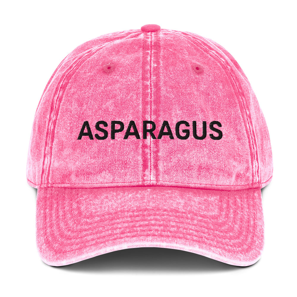 Pink asparagus hat - If you love asparagus, this embroidered dad hat was designed just for you. Eat asparagus in style in this statement hat for veggie lovers. This asparagus hat is made of 100% cotton, with a faded vintage look. The perfect funny food hat for asparagus enthusiasts and gift for vegetable lovers and foodies of all kinds.