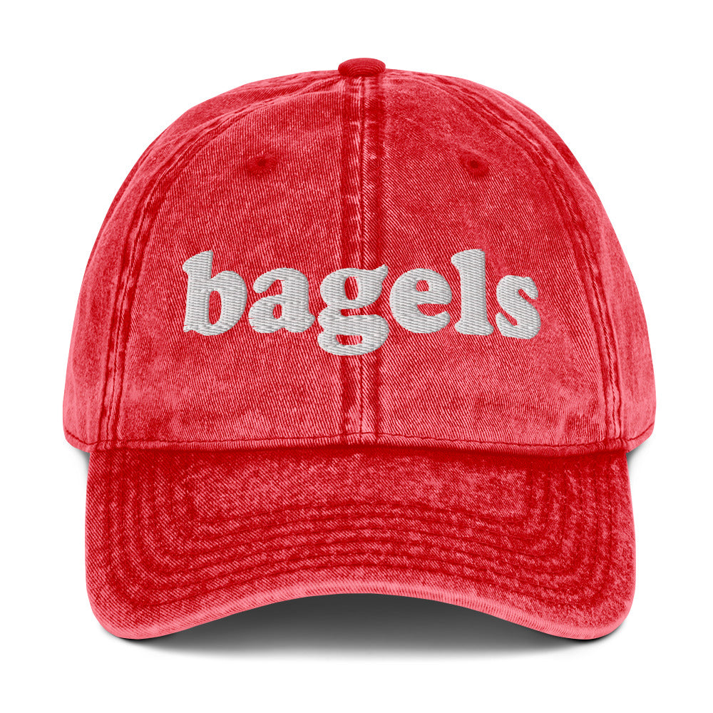 Red Bagels hat - Make a statement in our Bagels Hat! It's comfortable, adjustable and made with a vintage style cotton that's expertly embroidered just for you. This funny dad hat is perfect for bagel enthusiasts and foodies of all kinds. Looking for something personalized? Shoot us a message!