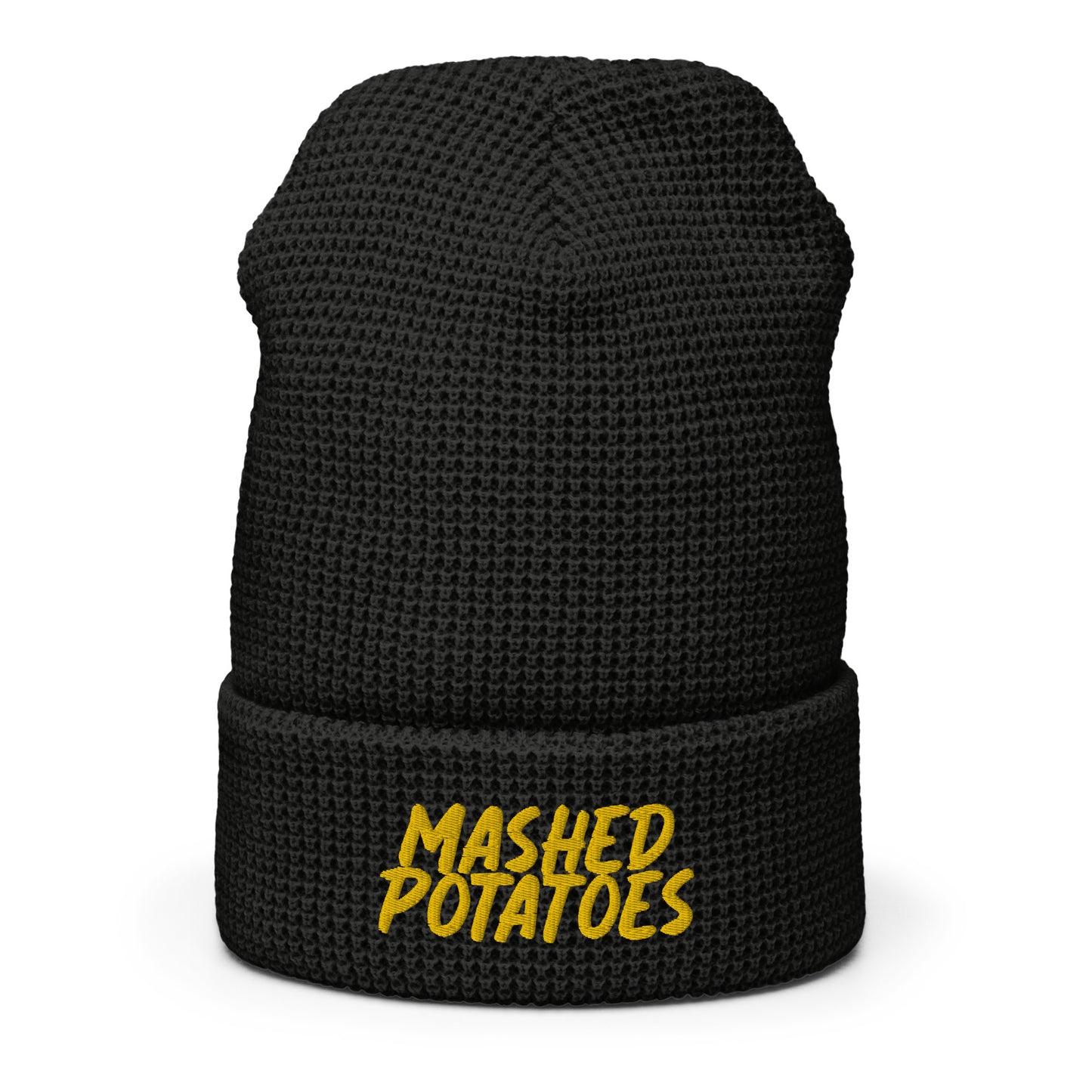 Black Big fan of mashed potatoes? Looking for a funny gift for a foodie? This warm and comfortable, Mashed Potatoes Beanie is just what you need. It's a snug, formfitting waffle beanie with a unique honeycomb-like weave and an adjustable cuff. It comes in a variety of colors with "Mashed Potatoes", expertly embroidered on the front. The perfect hat for mashed potato enthusiasts and potato lovers of all kinds.