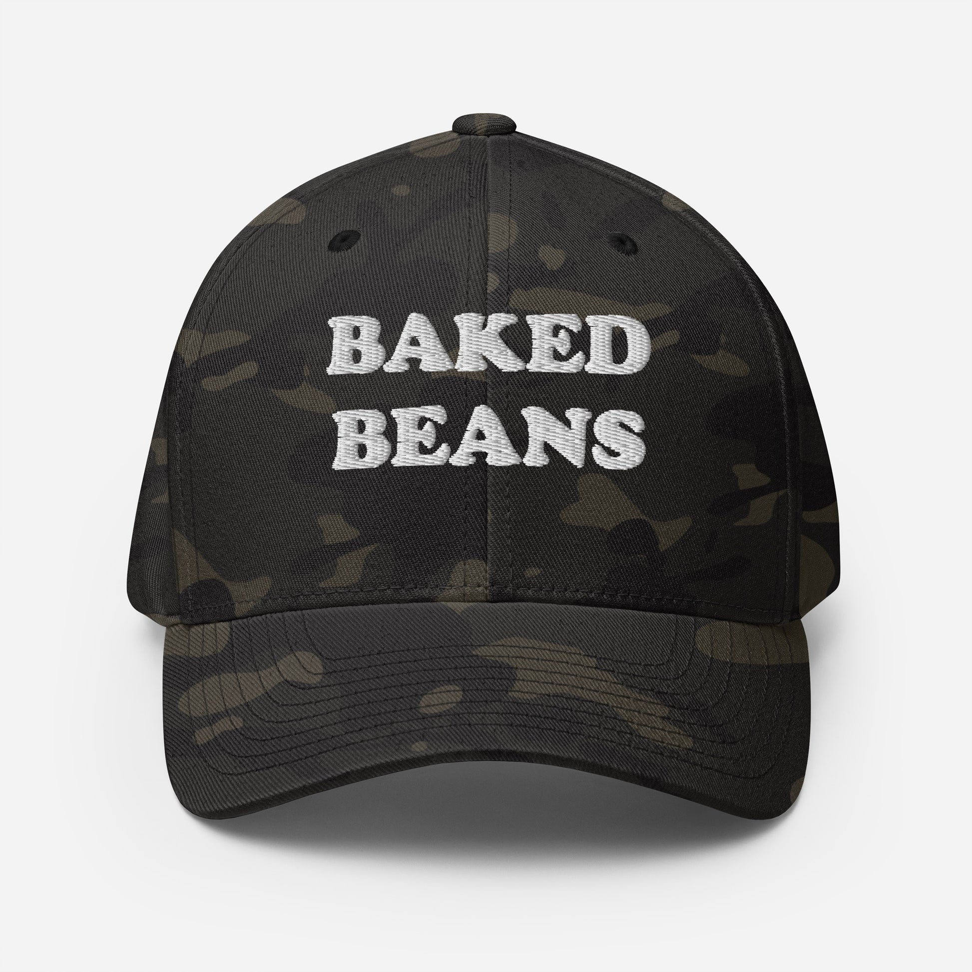 Funny baked beans camo hat - This funny baked beans hat is a unisex embroidered hat that's unique and a perfect weird hat for baked bean lovers! The baked beans hat has a classic baseball cap style and is made just for you. Wear it as everyday funny foodie street wear or give it as a gift for foodies or your favorite baked bean enthusiast.