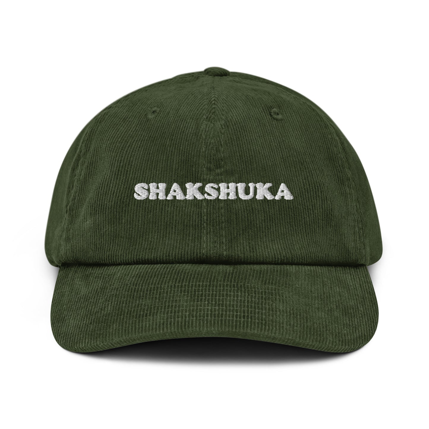 Olive green corduroy hat with white embroidery - This shakshuka hat is a comfortable and unique hat for foodies and shakshuka enthusiasts. It's a funky foodie hat that's made of 100% cotton corduroy and exactly what every shakshuka lover needs. Celebrate your favs and give this corduroy dad hat as weird gift for foodies or wear it to your next shakshuka breakfast.