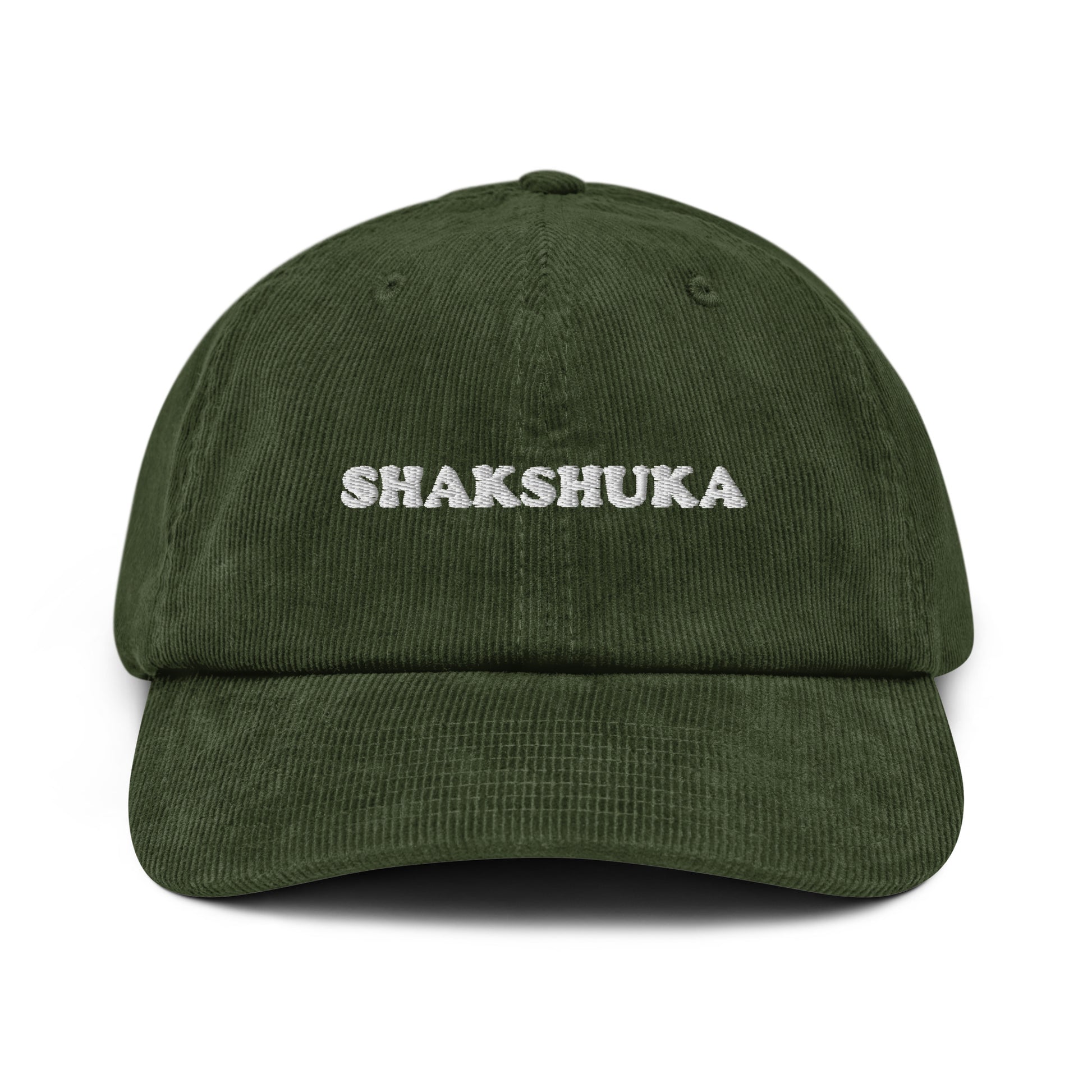Olive green corduroy hat with white embroidery - This shakshuka hat is a comfortable and unique hat for foodies and shakshuka enthusiasts. It's a funky foodie hat that's made of 100% cotton corduroy and exactly what every shakshuka lover needs. Celebrate your favs and give this corduroy dad hat as weird gift for foodies or wear it to your next shakshuka breakfast.