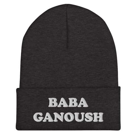 Gray baba ganoush hat - Eat baba ganoush in your new fitted baba ganoush beanie. This fitted foodie beanie has white embroidery of a classic middle eastern dish. It's a funny and unusual hat for foodies and baba ganoush enthusiasts. Love hummus? Falafel? Shakshuka? Celebrate your favorite middle eastern foods in our weird & funky foodie hats.