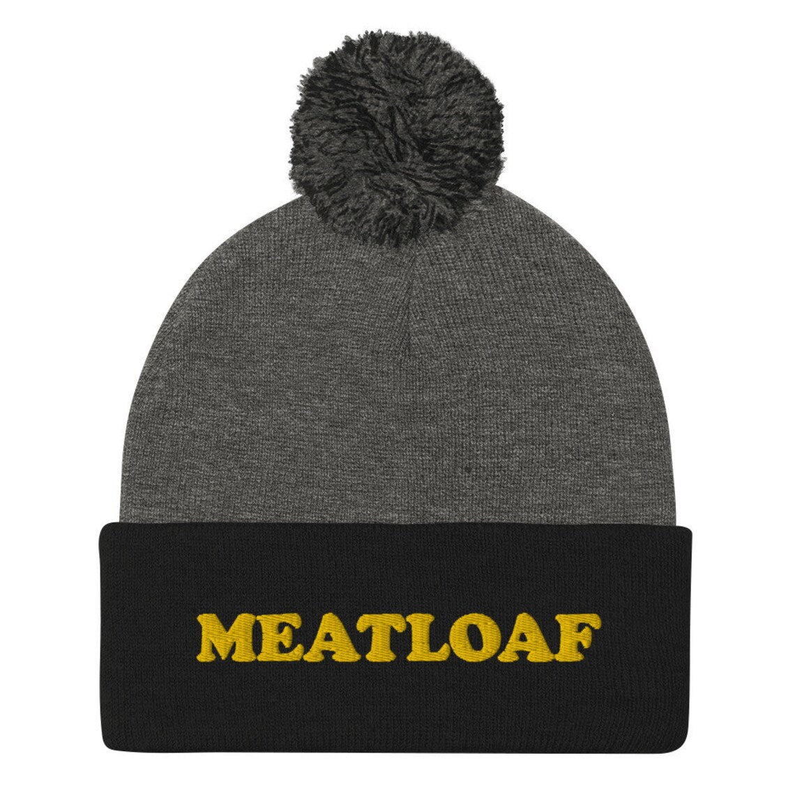 Black and gray unisex embroidered meatloaf beanie - Eat meatloaf in style with this funny foodie beanie. It's a unisex embroidered beanie that's perfect for meatloaf enthusiasts of all kinds. If you love meatloaf, this weird foodie hat is a must have. It's warm, cozy, and made just for you. Stay weird in a meatloaf hat or give it as a unique and funny gift for foodies.