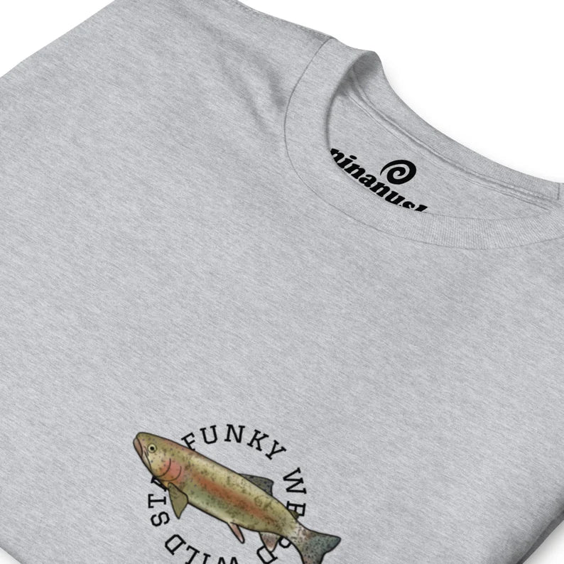 Trippy rainbow trout graphic t-shirt with a large colorful print and "get hooked" on the back and a small trout print on the front with the words "stay funky weird wild." This colorful funky rainbow trout and sun t-shirt is hand drawn and totally unique. The funky fish picture is original with a psychedelic style.