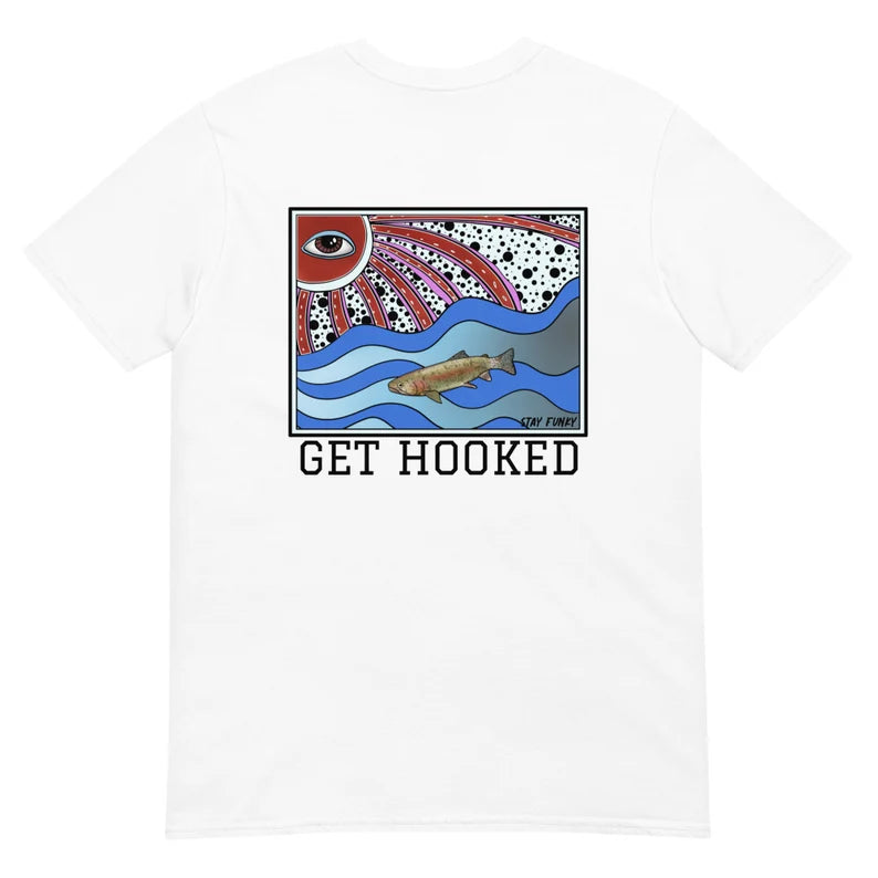 Trippy rainbow trout graphic t-shirt with a large colorful print and "get hooked" on the back and a small trout print on the front with the words "stay funky weird wild." This colorful funky rainbow trout and sun t-shirt is hand drawn and totally unique. The funky fish picture is original with a psychedelic style.