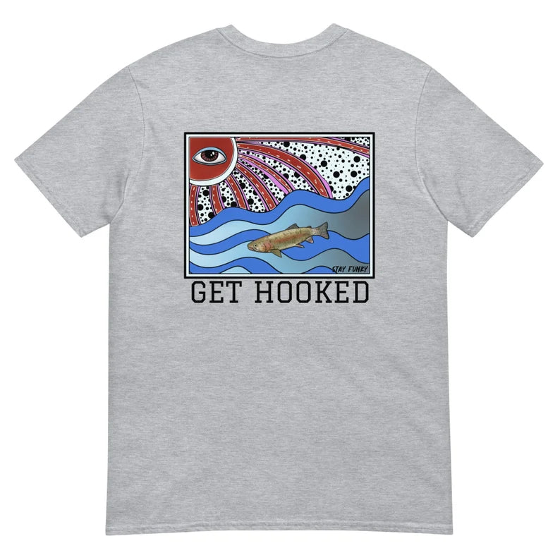 Trippy rainbow trout graphic t-shirt with a large colorful print and "get hooked" on the back and a small trout print on the front with the words "stay funky weird wild." This colorful funky rainbow trout and sun t-shirt is hand drawn and totally unique. The funky fish picture is original with a psychedelic style.