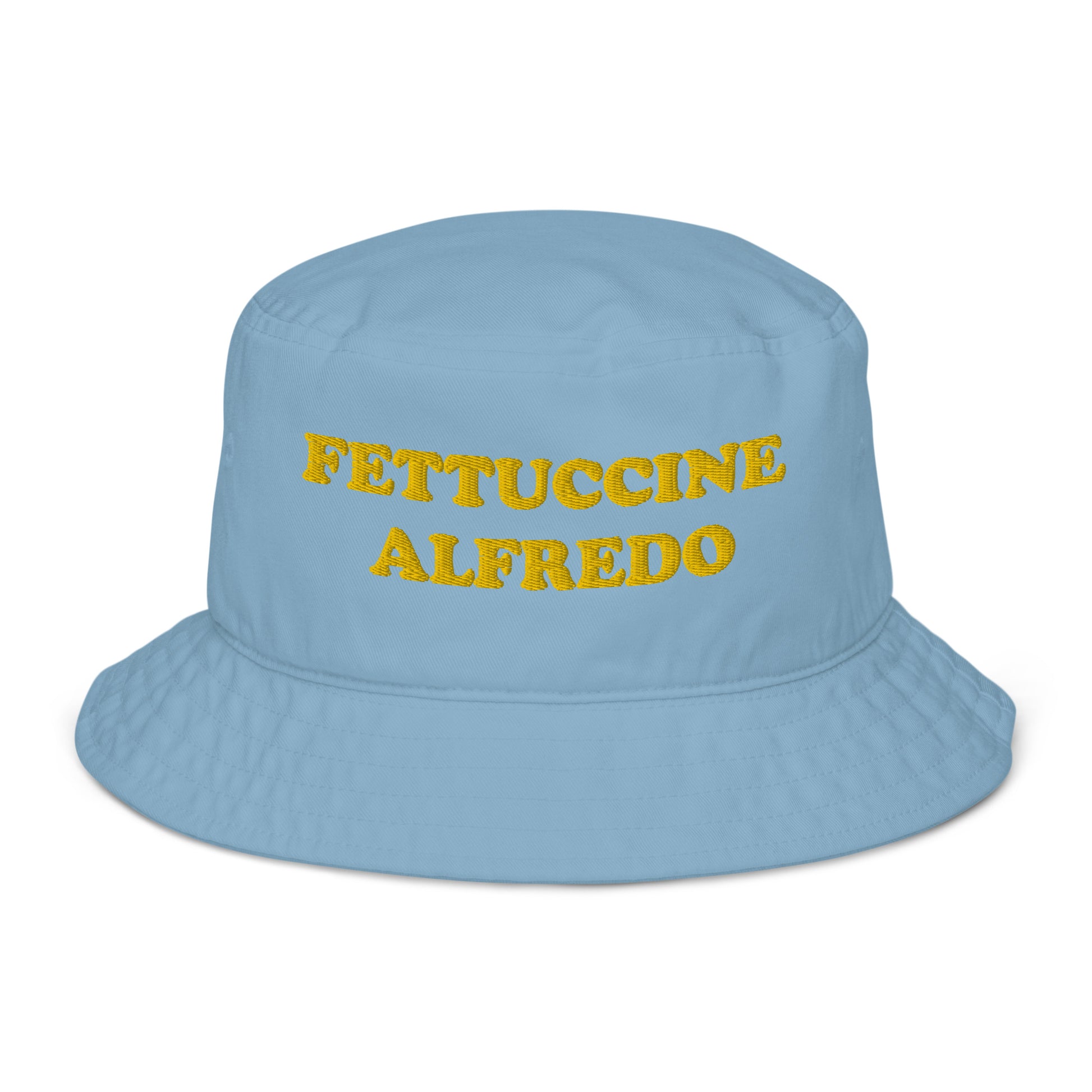 Embroidered blue and yellow bucket hat for foodies and fettuccine Alfredo lovers - Are you a fettuccine Alfredo? Spice up your style in this funny food bucket hat! This weird and unique foodie bucket hat is designed for fettuccine Alfredo enthusiasts. It's the perfect summer statement accessory for pasta lovers. Wear is as a funny everyday bucket hat or give it as a unique fettuccine Alfredo lover gift