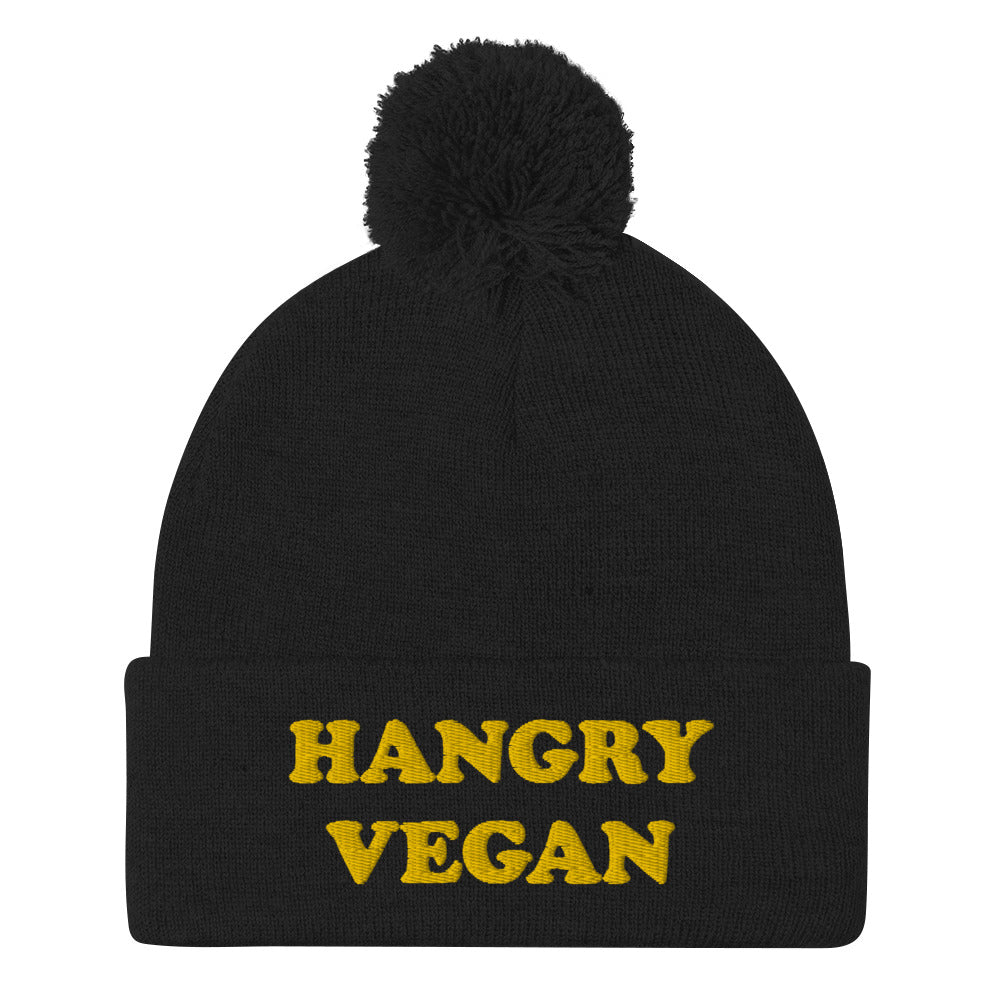 Are you a hangry vegan? This hangry vegan beanie is a unique vegan foodie beanie hat with a yellow embroidery. The hangry hat is a funny gift for vegans and plant based foodies. Shop funny animal lover beanies, foodie clothing, vegan graphic t-shirts, garlic hats and more.