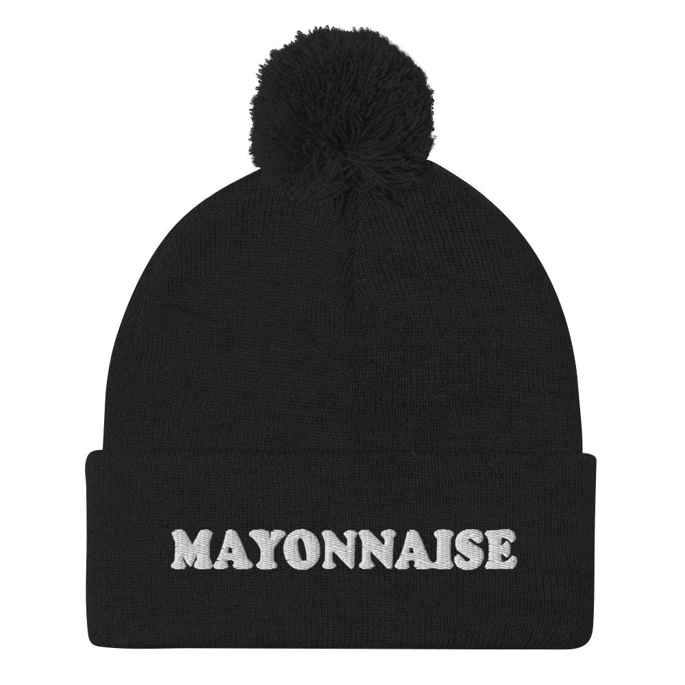 Funny black mayonnaise beanie for people who love mayo - This funny mayonnaise beanie is a funky, warm and cozy hat for foodies.. It's a classic beanie with a pom pom on top and a unique foodie embroidery. The weird condiments hat is weird and a perfect gift for mayo lovers. Stay weird and celebrate your favorite condiments and foods in our unique foodie clothing and accessories.