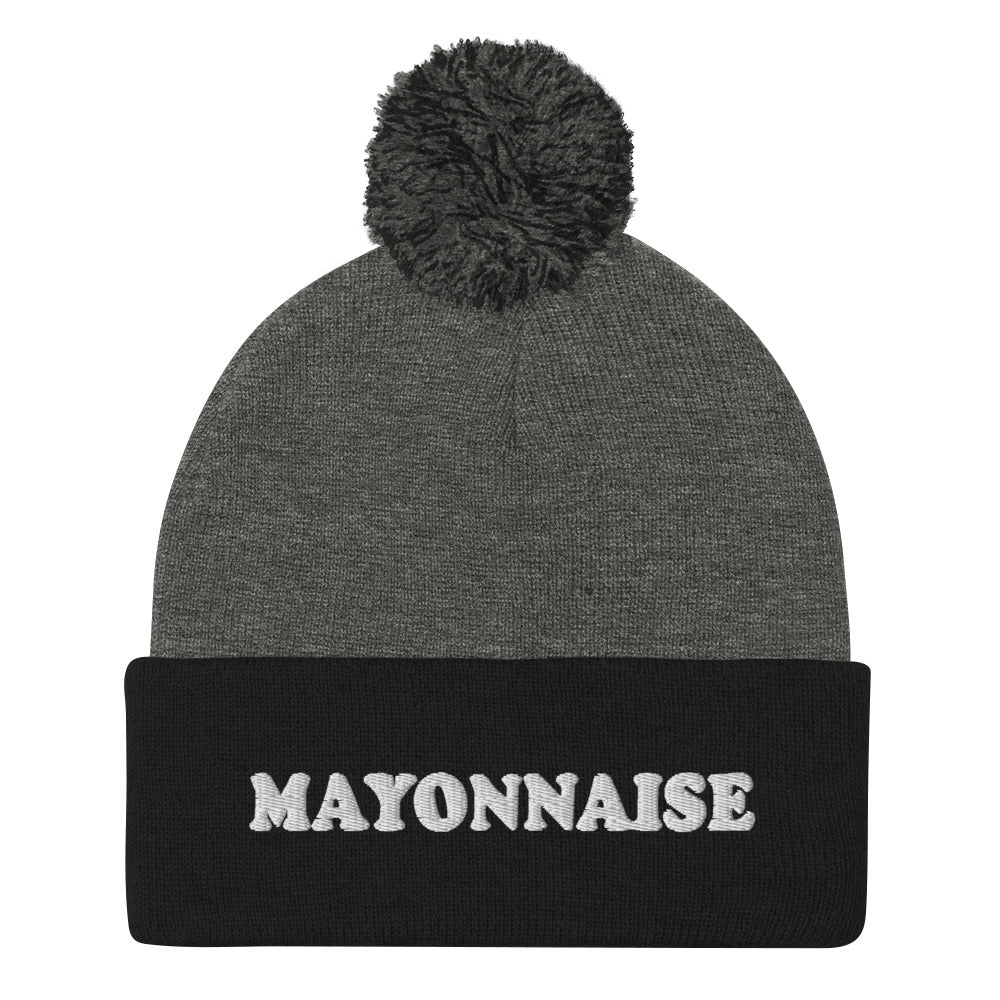 Black and gray beanie for mayo lover - weird gift for foodies - This funny mayonnaise beanie is a funky, warm and cozy hat for foodies.. It's a classic beanie with a pom pom on top and a unique foodie embroidery. The weird condiments hat is weird and a perfect gift for mayo lovers. Stay weird and celebrate your favorite condiments and foods in our unique foodie clothing and accessories.