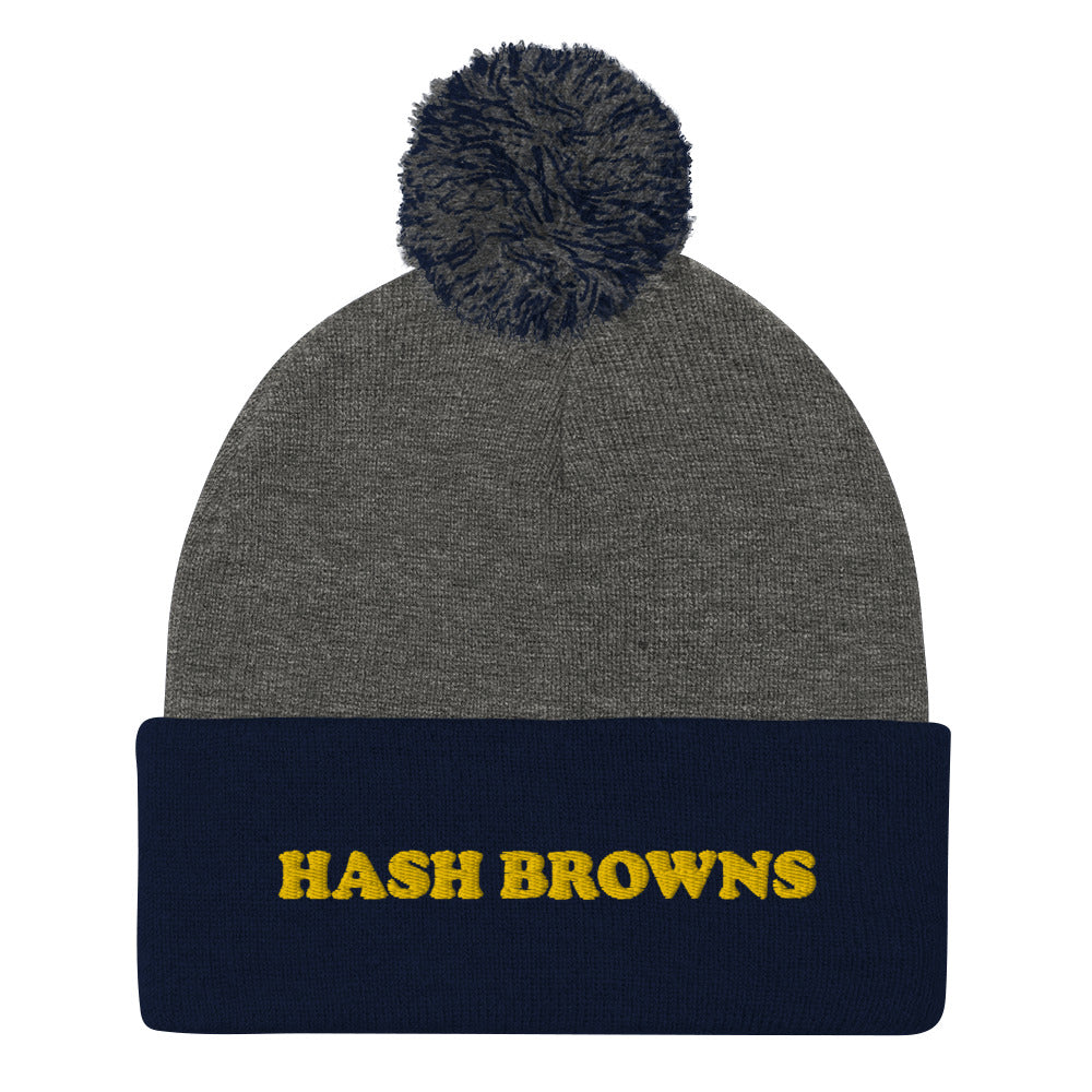 Navy and gray beanie with pompom - Unique and cozy hash browns beanie. Eat your favorite hash browns for breakfast in this classic beanie with a pom pom on top. The funny food hat is warm, comfortable and perfect for everyday streetwear. This hash browns hat is a great weird gift for foodies or funny food beanie for hash brown and breakfast lovers.