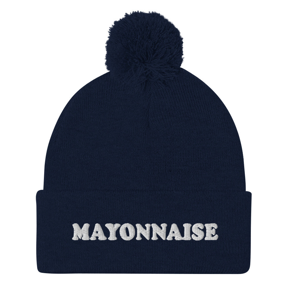 Navy blue mayo beanie with pompom - gift for mayo lover - This funny mayonnaise beanie is a funky, warm and cozy hat for foodies.. It's a classic beanie with a pom pom on top and a unique foodie embroidery. The weird condiments hat is weird and a perfect gift for mayo lovers. Stay weird and celebrate your favorite condiments and foods in our unique foodie clothing and accessories.