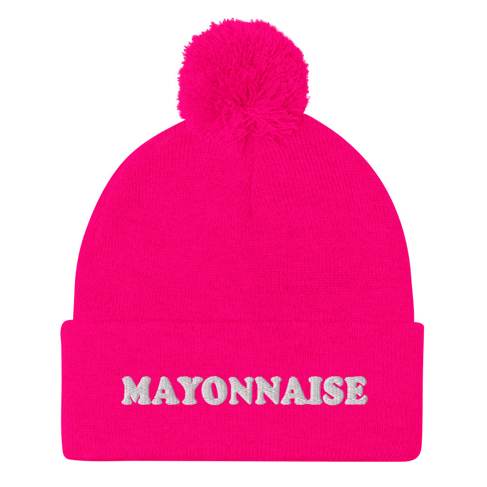 Hot pink mayo beanie hat - This funny mayonnaise beanie is a funky, warm and cozy hat for foodies.. It's a classic beanie with a pom pom on top and a unique foodie embroidery. The weird condiments hat is weird and a perfect gift for mayo lovers. Stay weird and celebrate your favorite condiments and foods in our unique foodie clothing and accessories.