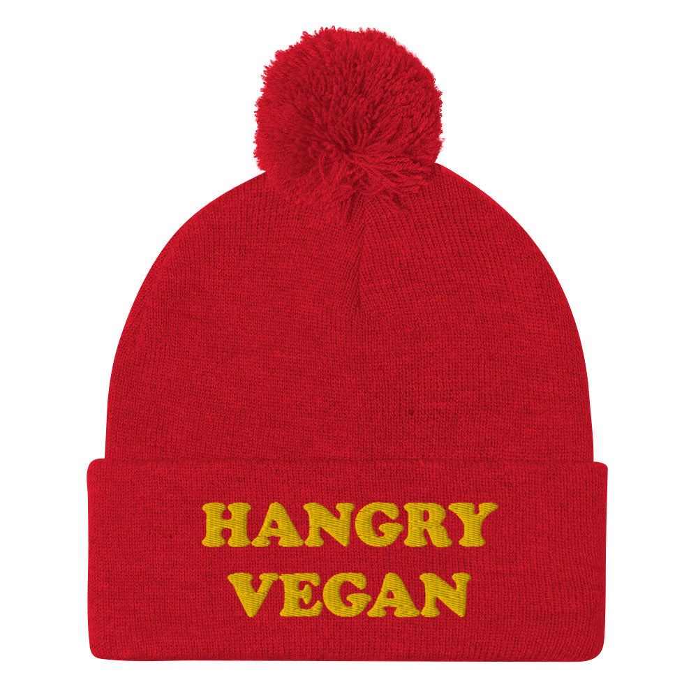 Are you a hangry vegan? This hangry vegan beanie is a unique vegan foodie beanie hat with a yellow embroidery. The hangry hat is a funny gift for vegans and plant based foodies. Shop funny animal lover beanies, foodie clothing, vegan graphic t-shirts, garlic hats and more.