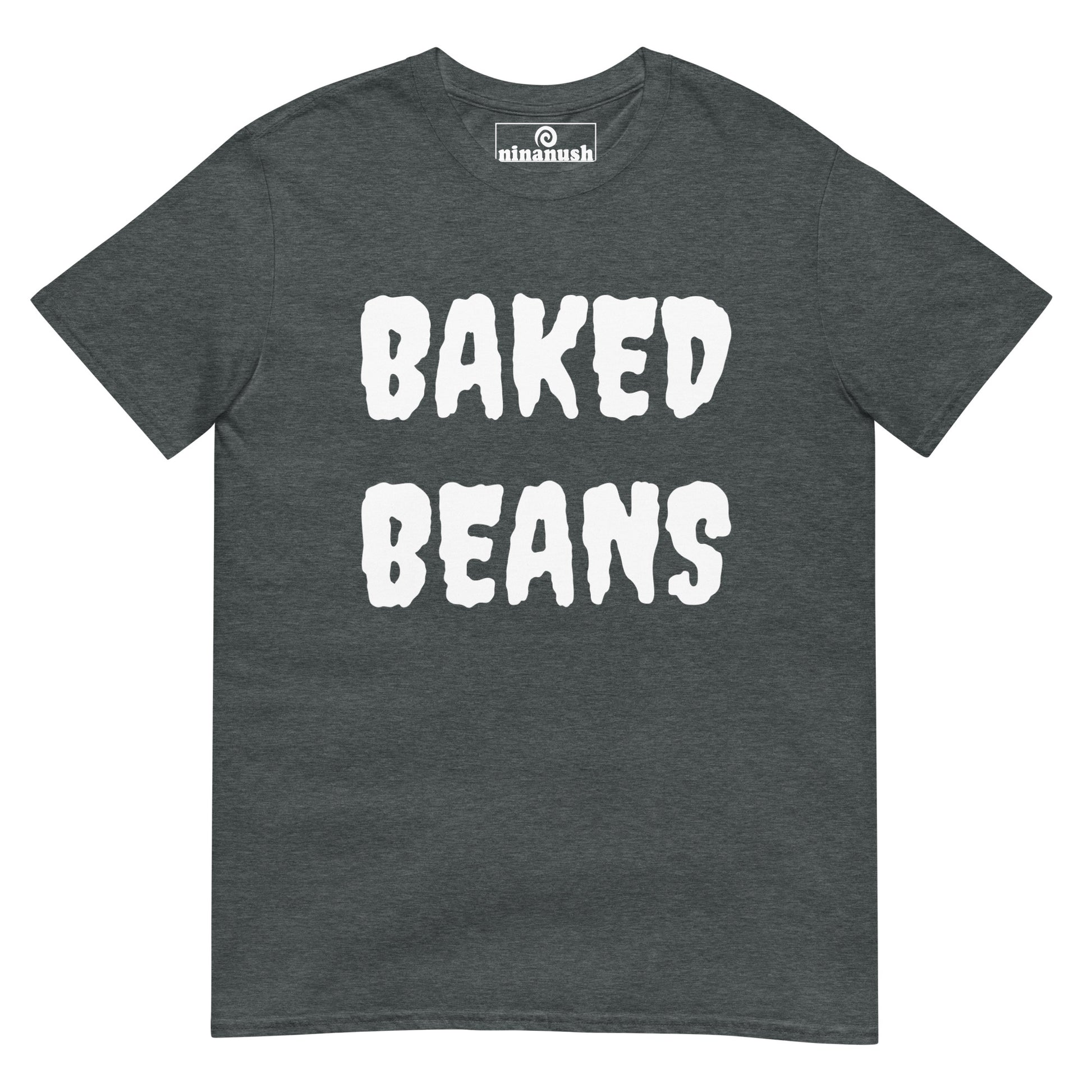 Gray baked beans t-shirt from Nina's Funky Shop by ninanush - BAKED BEANS 🔥 Our Baked Beans Shirt is soft, comfortable and a funny food shirt for everyday. It's a classic cotton t-shirt for foodies with "Baked Beans", expertly printed on the front. Stand out and eat your favorite beans in this spooky t-shirt. The perfect shirt for baked bean enthusiasts and foodies of all kinds.