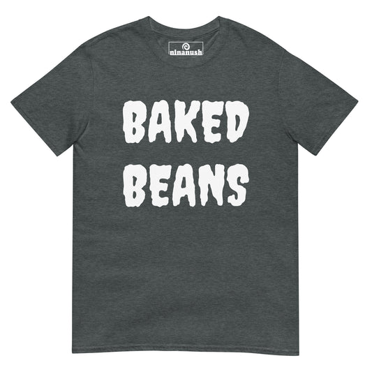 Gray baked beans t-shirt from Nina's Funky Shop by ninanush - BAKED BEANS 🔥 Our Baked Beans Shirt is soft, comfortable and a funny food shirt for everyday. It's a classic cotton t-shirt for foodies with "Baked Beans", expertly printed on the front. Stand out and eat your favorite beans in this spooky t-shirt. The perfect shirt for baked bean enthusiasts and foodies of all kinds.