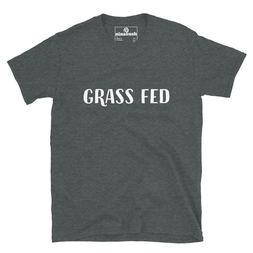 Gray grass fed t-shirt for vegans and vegetarians   - This grass fed t-shirt is soft, comfortable and made just for you. It's a funny vegan foodie t-shirt that makes a statement about being vegan in style. It's a classic shirt with a cute plant based saying on the front. Wear the grass fed shirt on your next plant based adventure or give it as a funny gift for vegans.