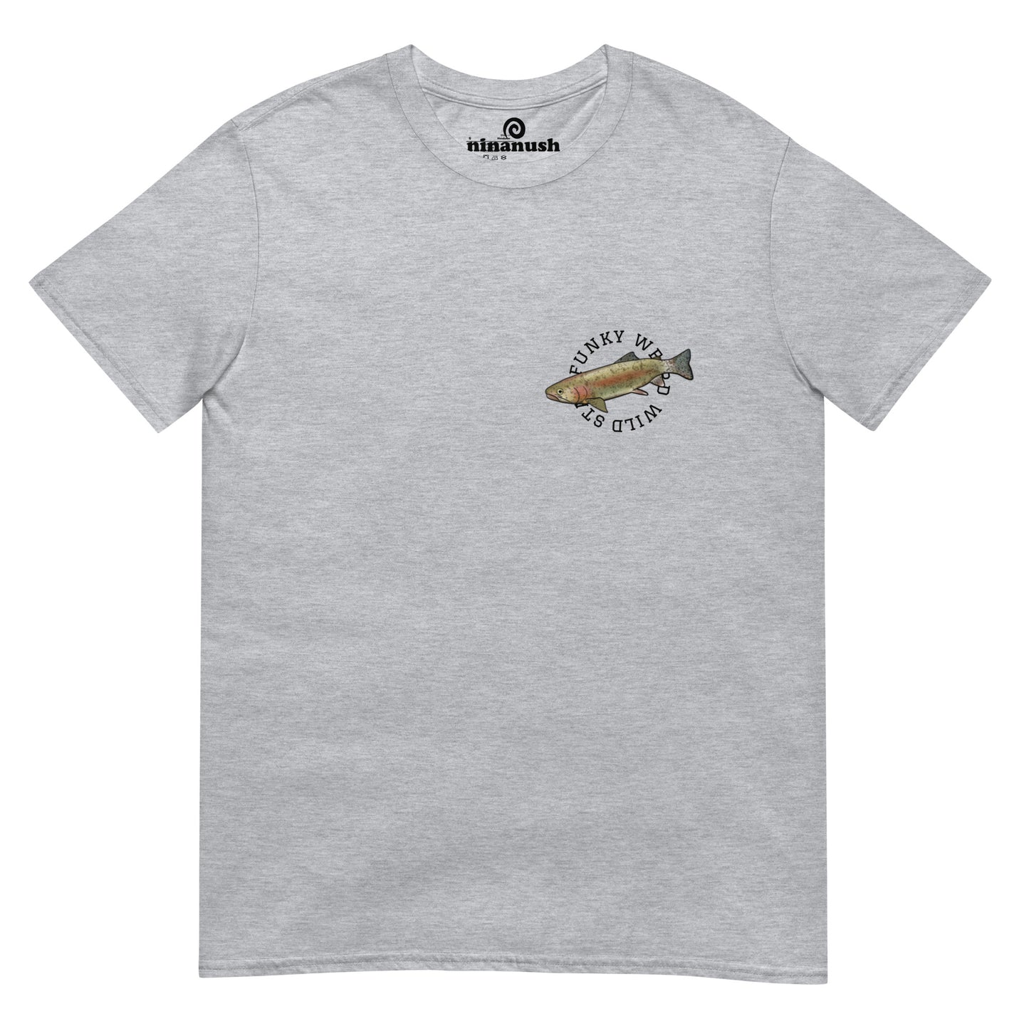 Trippy rainbow trout graphic t-shirt with a large colorful print and "get hooked" on the back and a small trout print on the front with the words "stay funky weird wild." This colorful funky rainbow trout and sun t-shirt is hand drawn and totally unique. The funky fish picture is original with a psychedelic style.