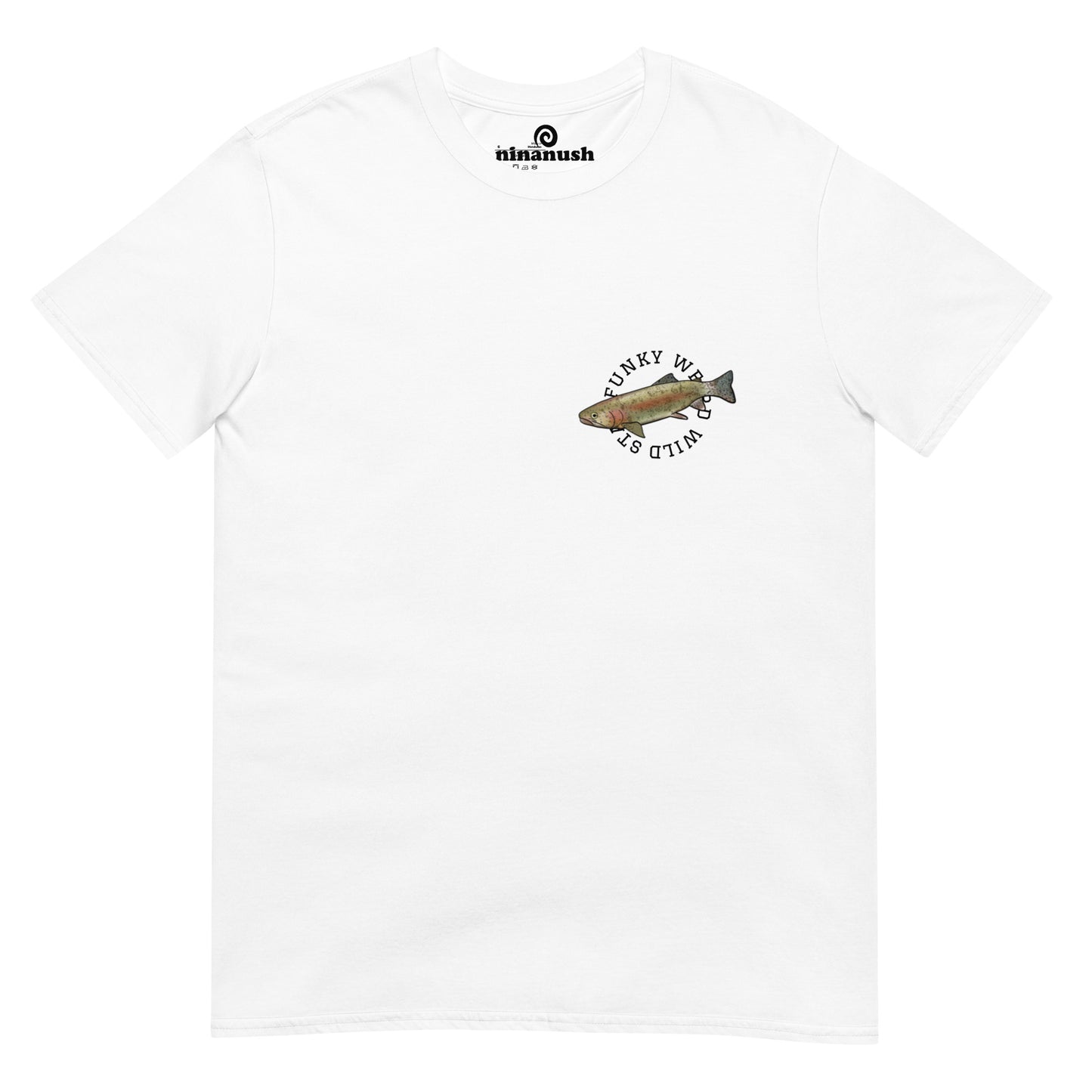 Trippy rainbow trout graphic t-shirt with a large colorful print and "get hooked" on the back and a small trout print on the front with the words "stay funky weird wild." This colorful funky rainbow trout and sun t-shirt is hand drawn and totally unique. The funky fish picture is original with a psychedelic style.