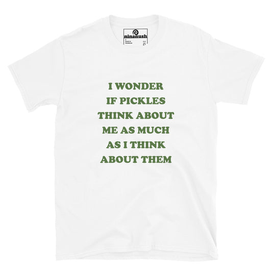 White and green t-shirt with funny quote about pickles - I wonder if pickles think about me as much as I think about them. Eat pickles in style in this funny pickles t-shirt or give it as a unique gift for pickle lovers. It's a classic t-shirt with a quirky, funny quote about pickles. Make a statement and celebrate your favorite pickles in our funky foodie clothing and accessories.