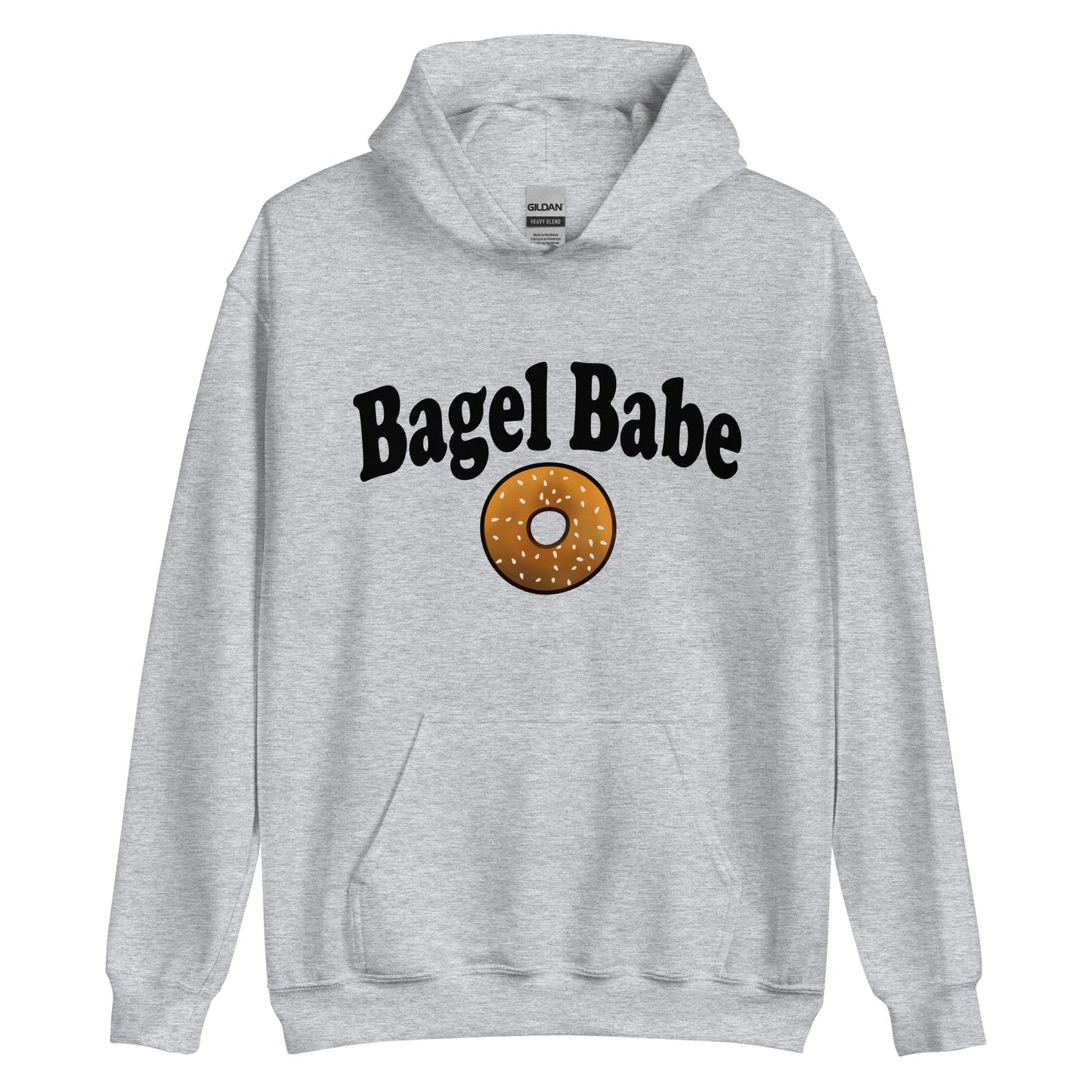 Gray bagel babe hoodie sweatshirt for bagel lovers - The Bagel Babe Hoodie is perfect for foodies and bagel enthusiasts, with its unique design and soft and cozy material. Its funny foodie design is the ideal gift for bagel lovers. The original design is unique, comes in different colors and made just for you. Eat your bagels in style in a unique bagel hooded sweatshirt.