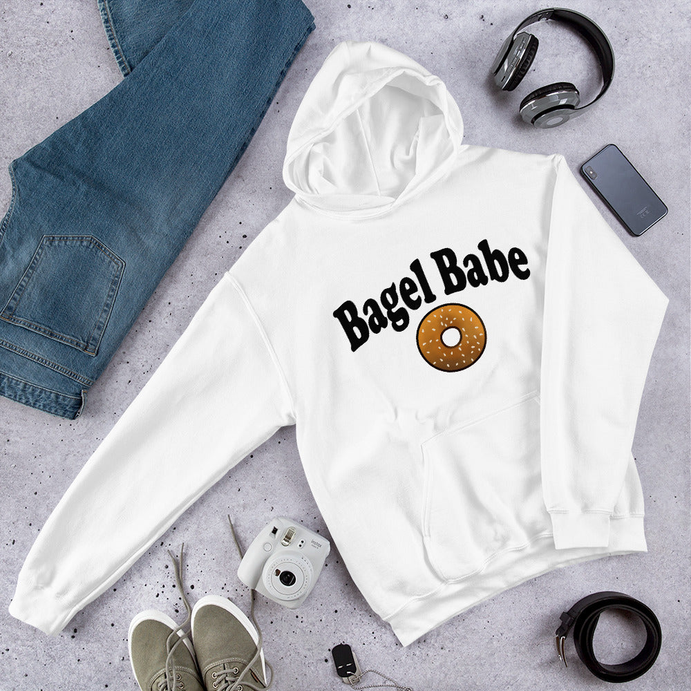 Bagel babe white hoodie sweatshirt for bagel lovers and foodies - The Bagel Babe Hoodie is perfect for foodies and bagel enthusiasts, with its unique design and soft and cozy material. Its funny foodie design is the ideal gift for bagel lovers. The original design is unique, comes in different colors and made just for you. Eat your bagels in style in a unique bagel hooded sweatshirt.