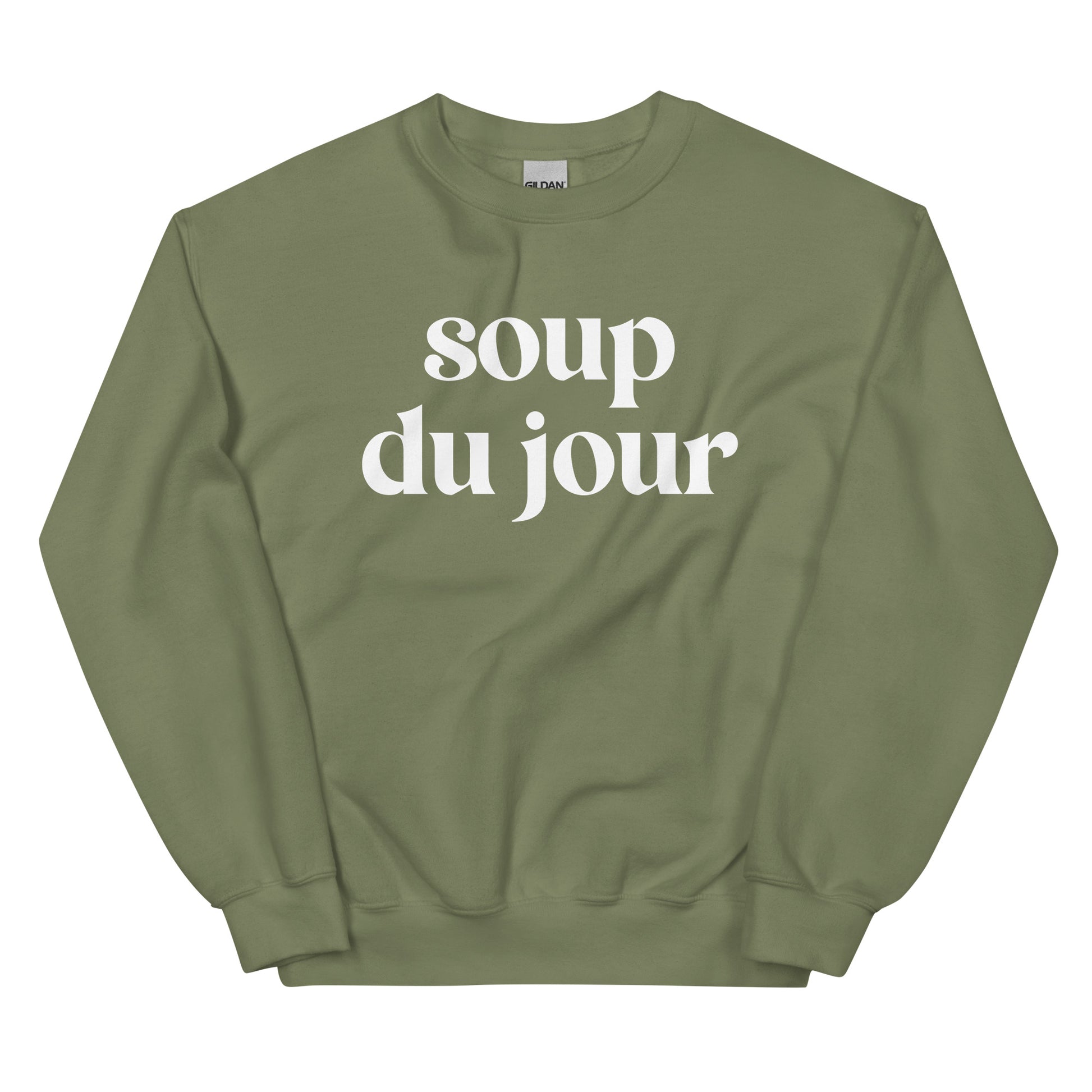 Army Green Soup Du Jour Sweatshirt - Love soup? Our Soup Du Jour Crewneck Sweatshirt is super soft, cozy and expertly printed just for you! Eat your favorite soup in this funny sweatshirt or give it as a gift for your favorite soup enthusiast. 
