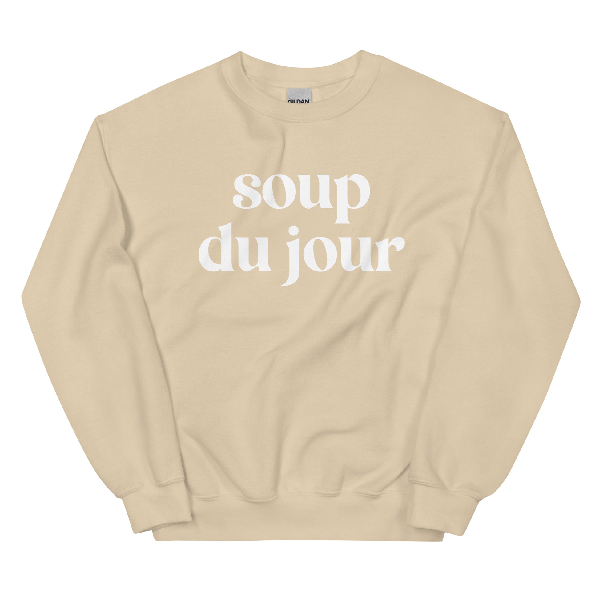 Beige Soup Du Jour Sweatshirt - Love soup? Our Soup Du Jour Crewneck Sweatshirt is super soft, cozy and expertly printed just for you! Eat your favorite soup in this funny sweatshirt or give it as a gift for your favorite soup enthusiast. 
