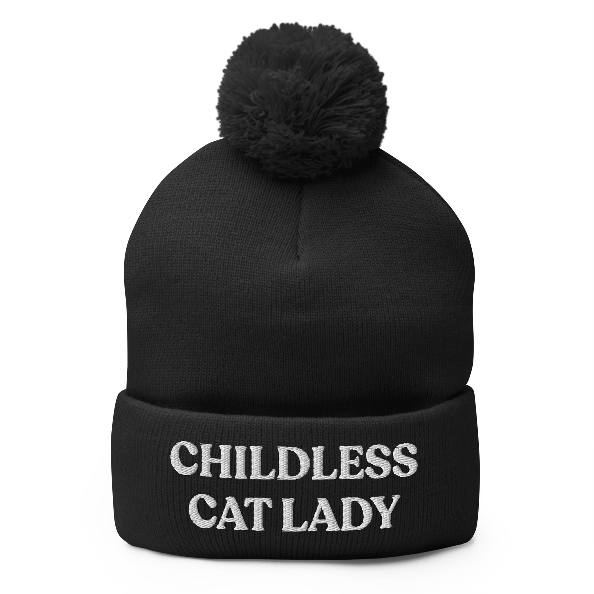 Black Childless Cat Lady Pom Pom Beanie